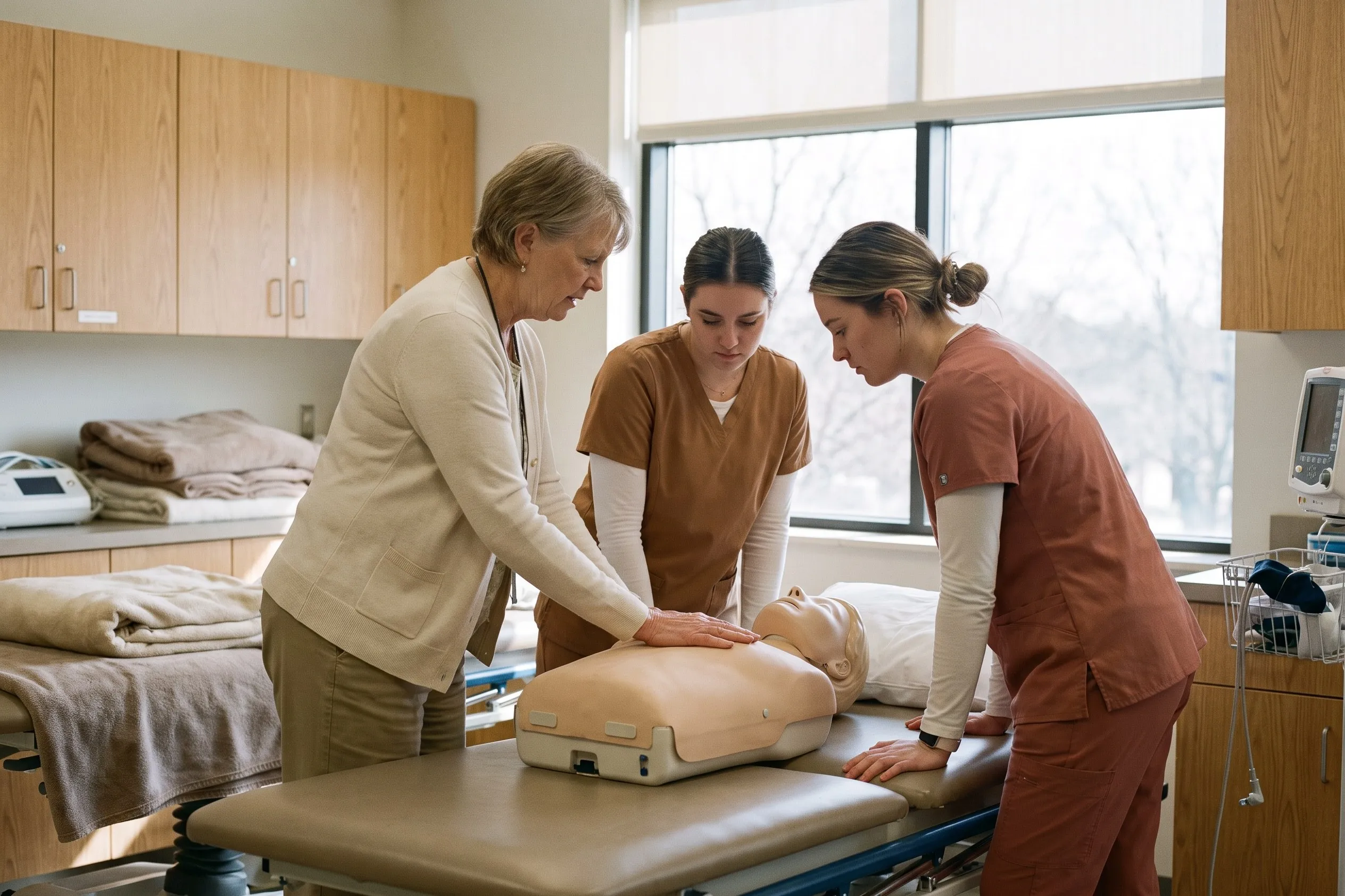 Clinical instructor demonstrating on a training mannequin to two students