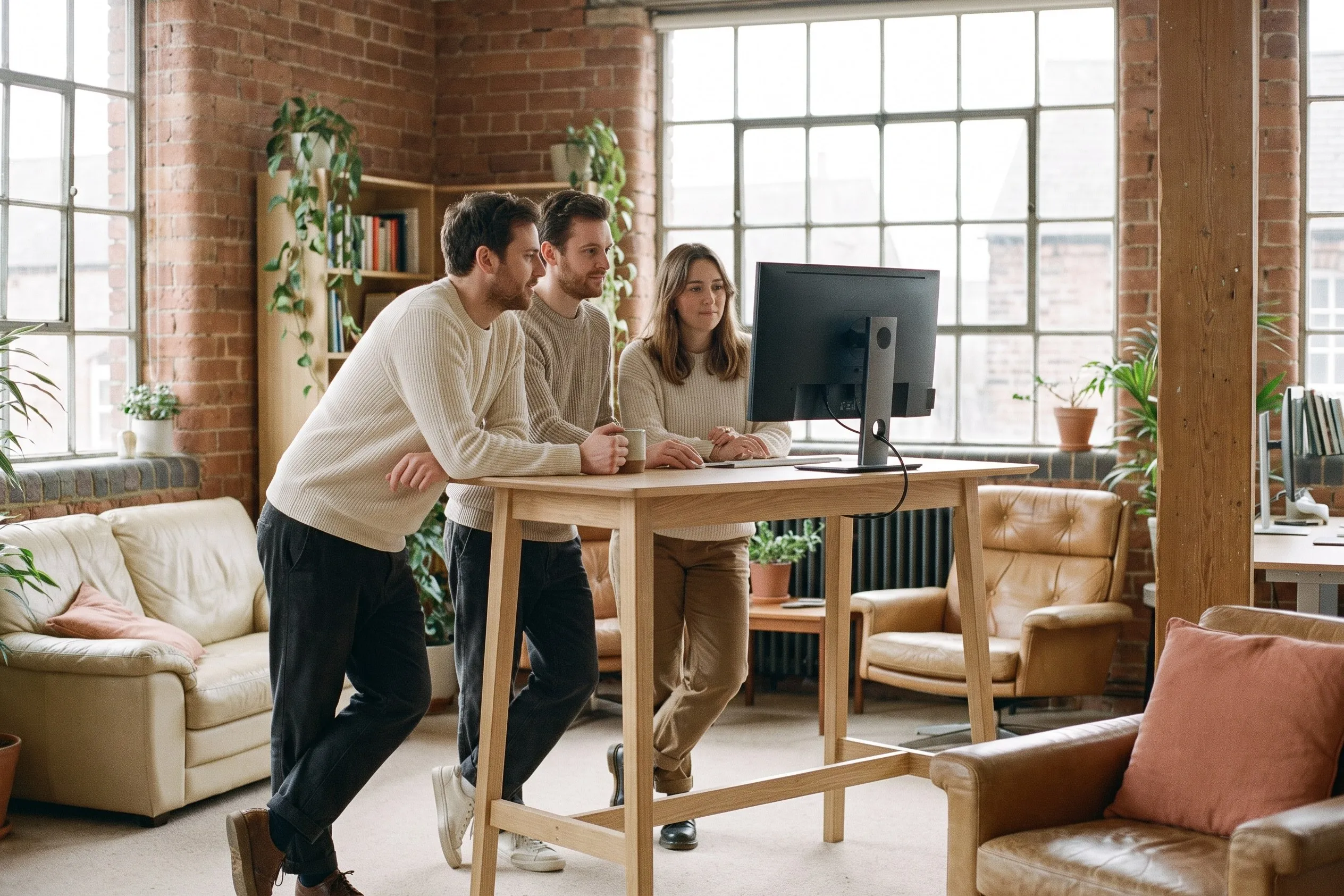 Three engineers gathered around a standing desk in a warm loft office