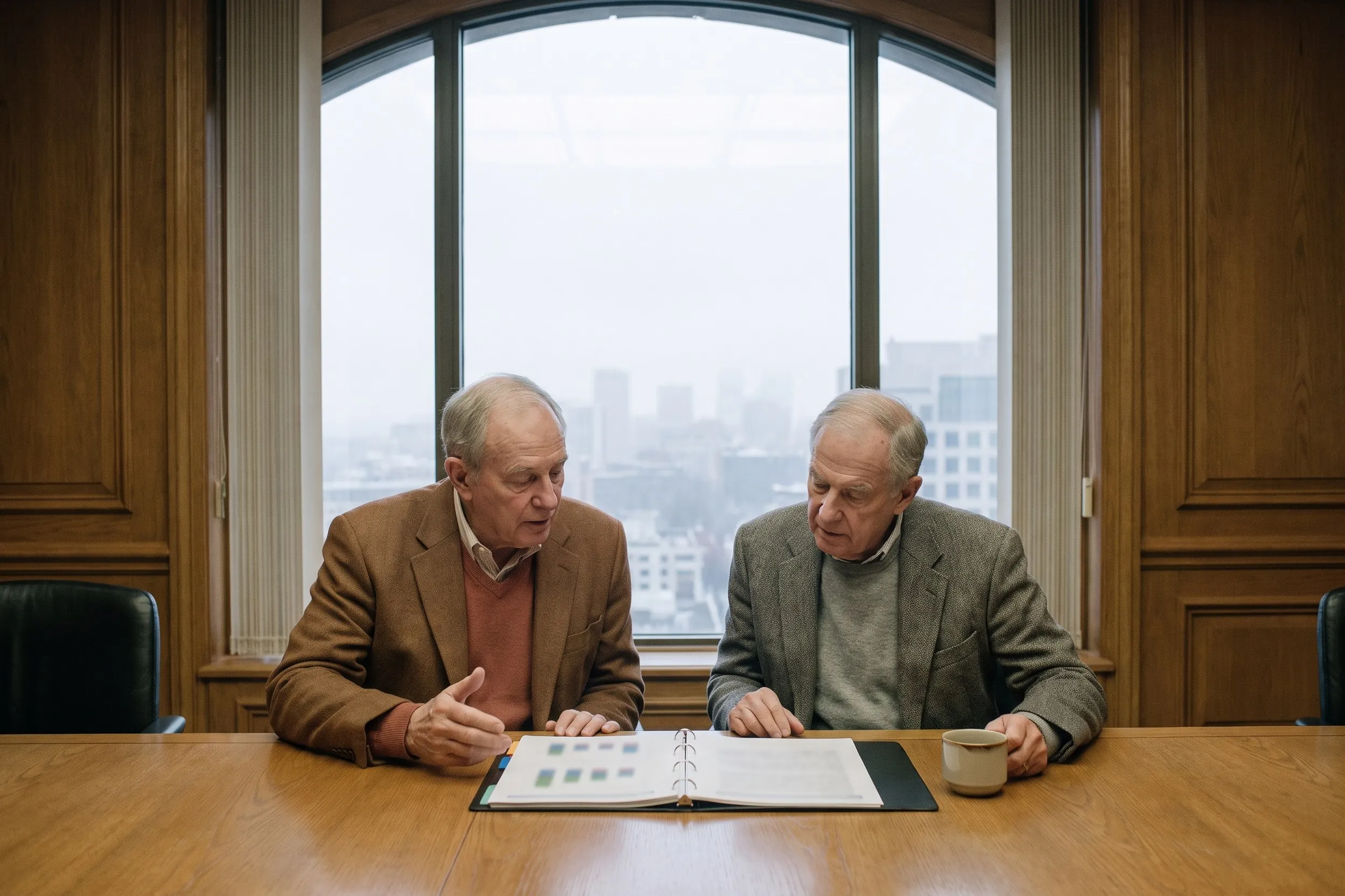 Two investors in conversation across a boardroom table with a printed deck