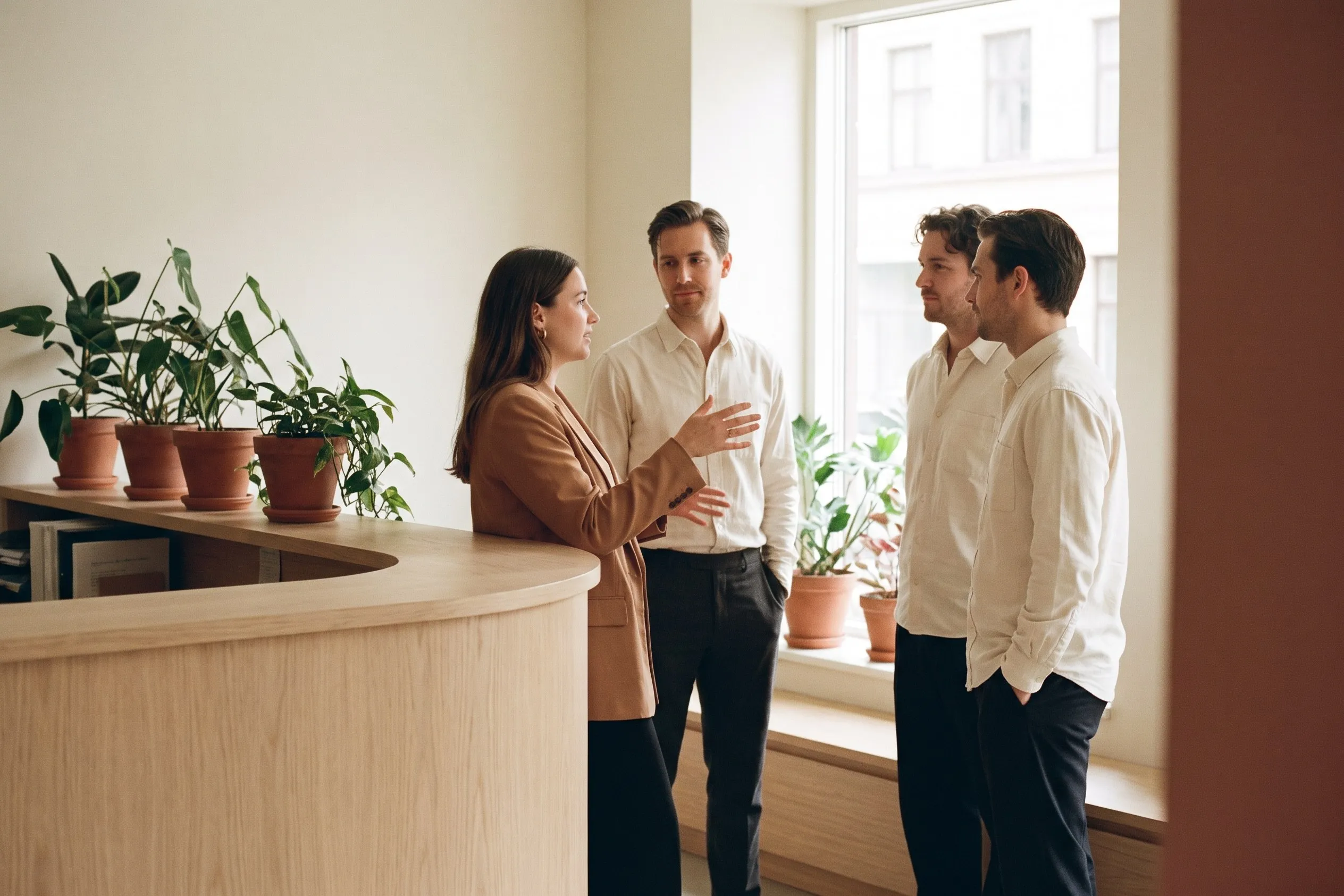 Service manager briefing two staff in a bright reception area