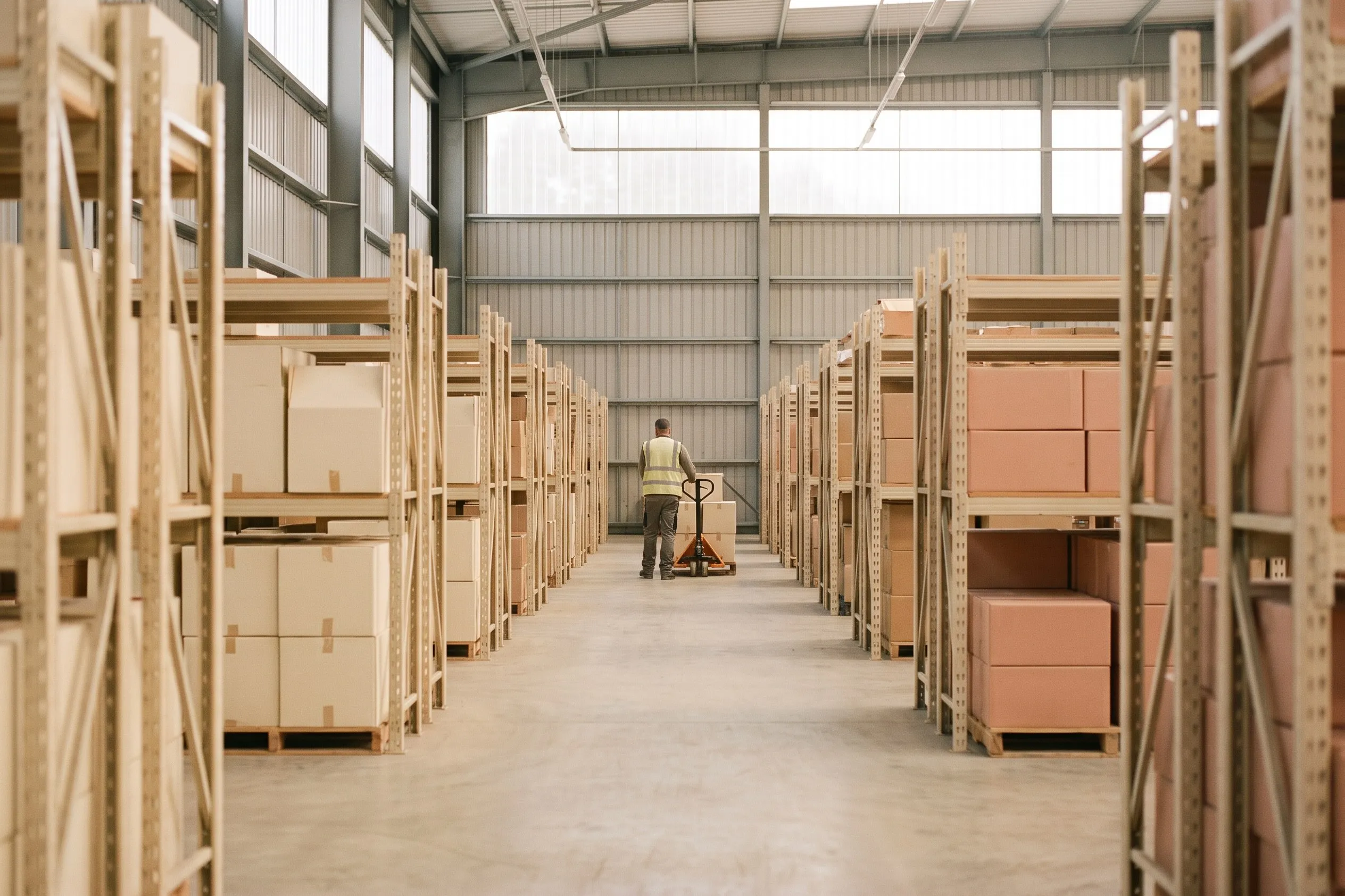 Bright distribution-centre aisle with stacked cartons on pallet racking