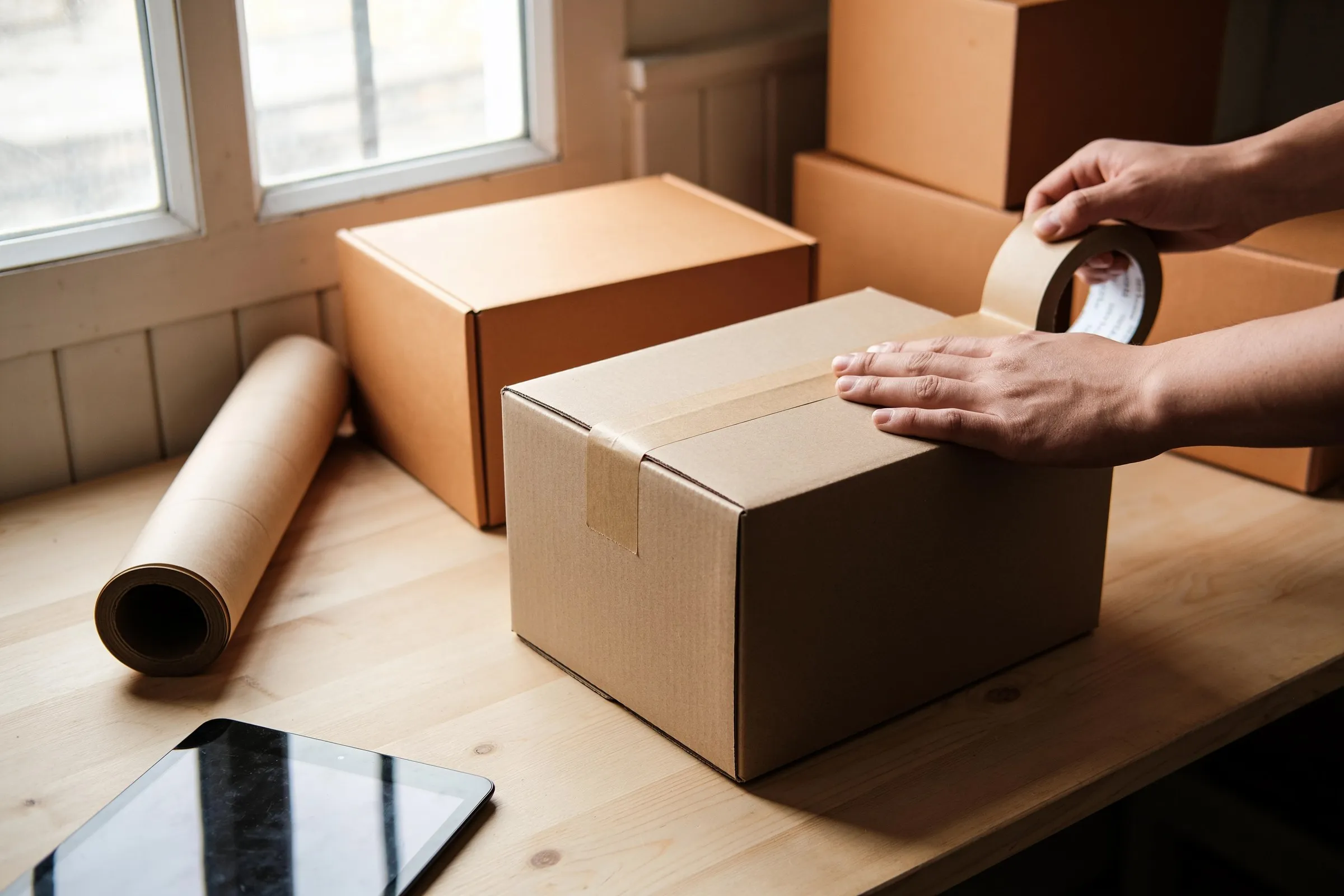 Hands sealing a plain cardboard carton at a packing bench