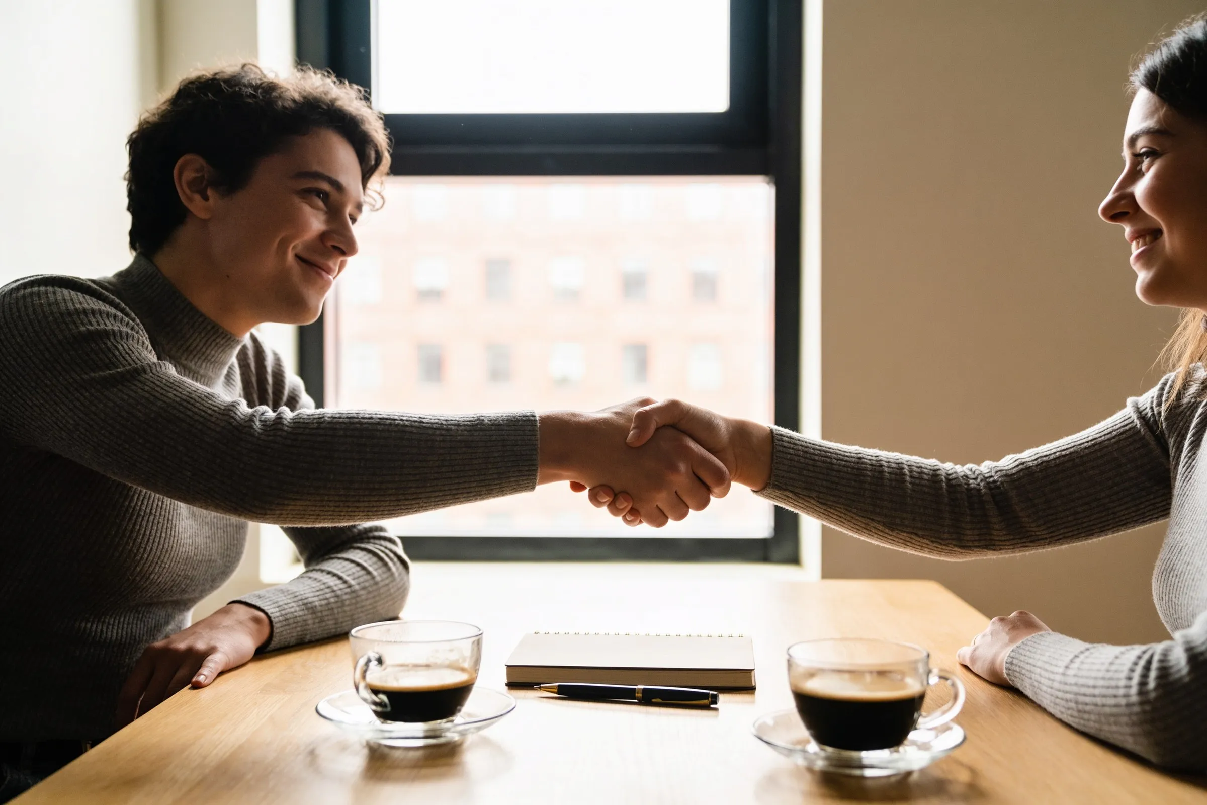 Two people shaking hands across a table at the close of a meeting