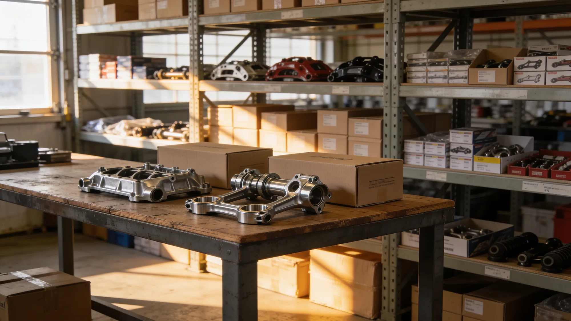 Aftermarket auto-parts warehouse with boxed parts and machined performance components in warm light