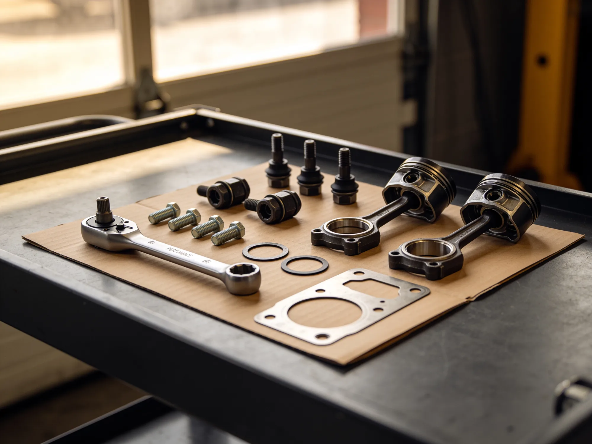 Auto-parts assembly bench with a performance kit, fasteners, and a torque wrench