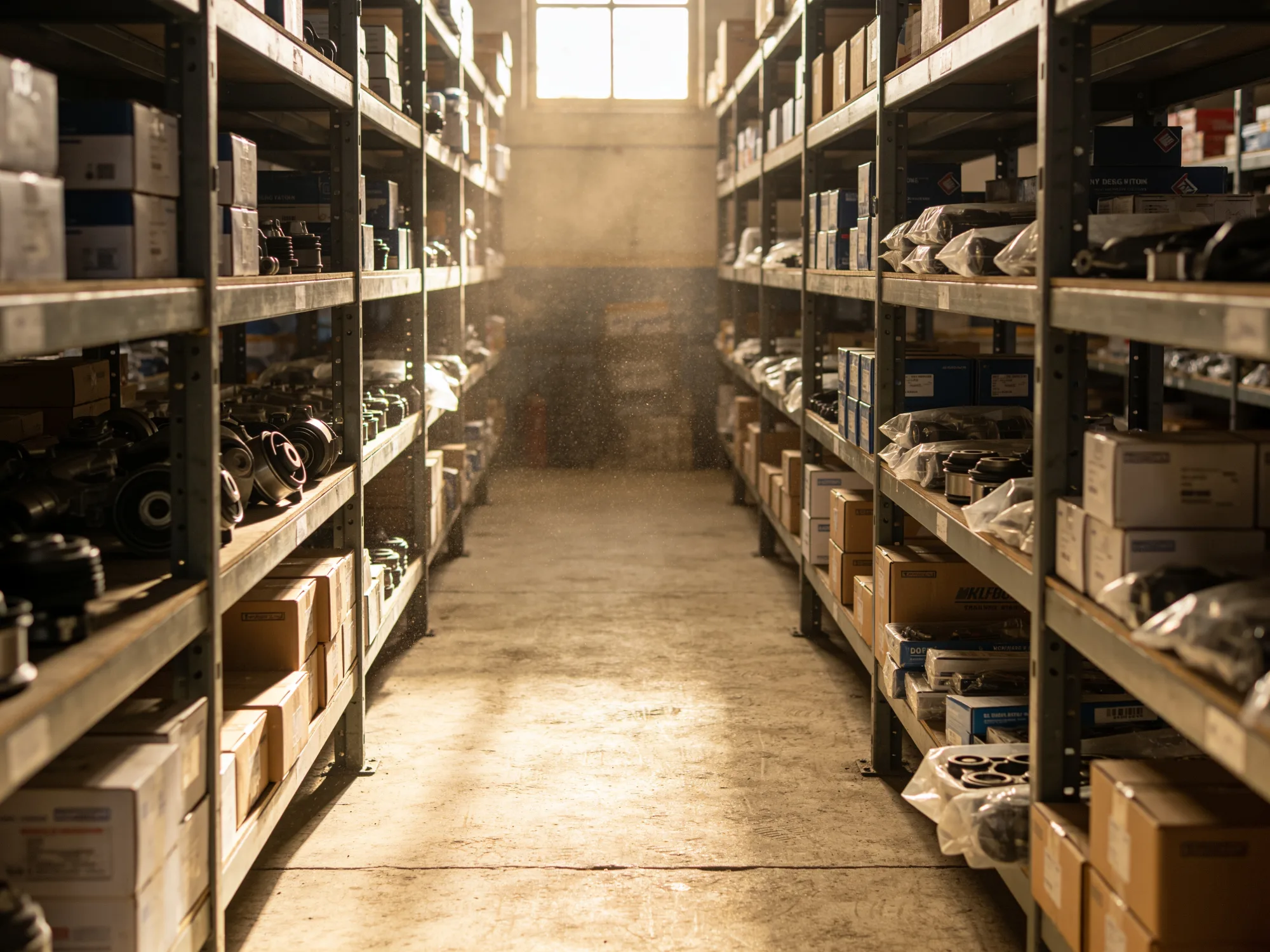 Warehouse aisle stocked with boxed automotive parts and kits
