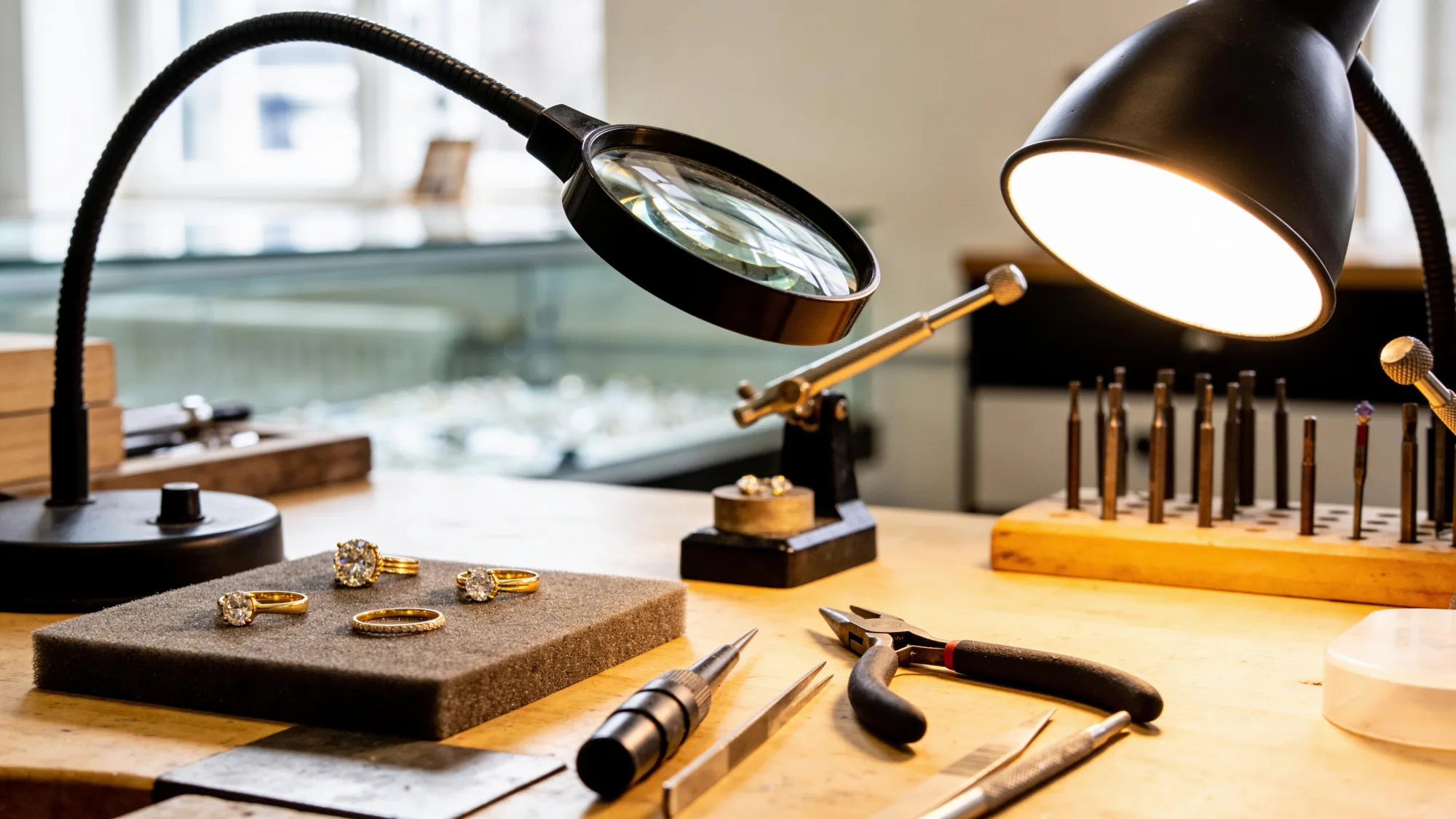 Jeweler's workbench with a loupe, hand tools, gold rings, and loose gemstones in warm light