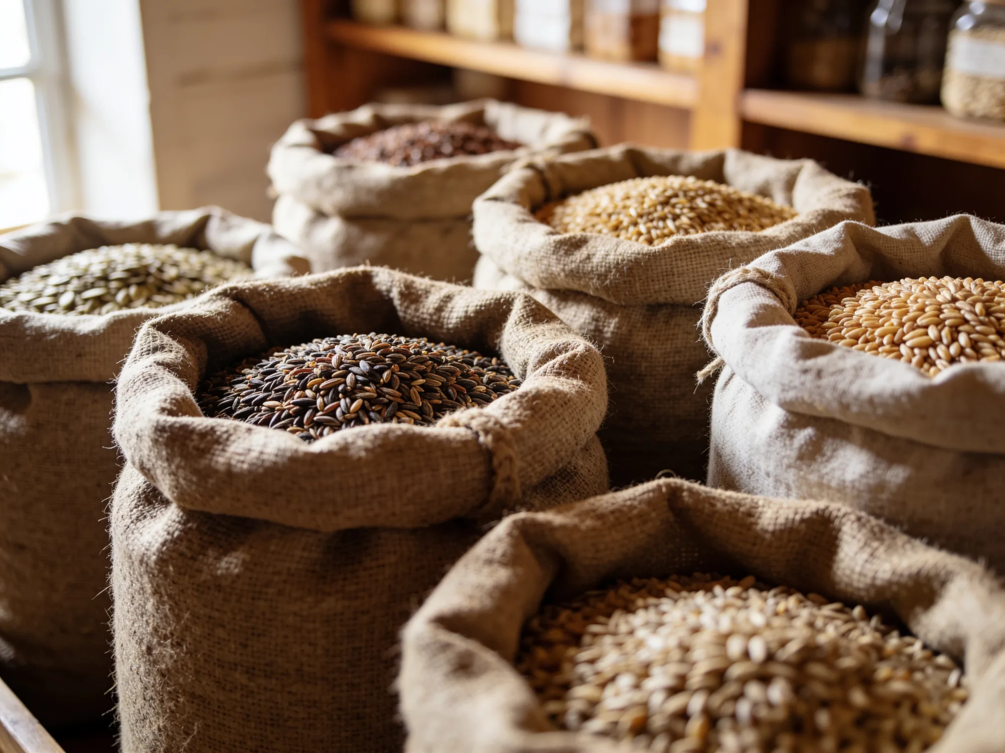 Close-up of open burlap sacks of seeds and grain