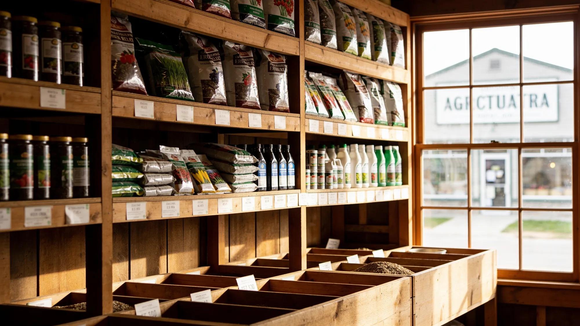Rural agricultural supply and seed store interior with shelves of seed bags and farm supplies