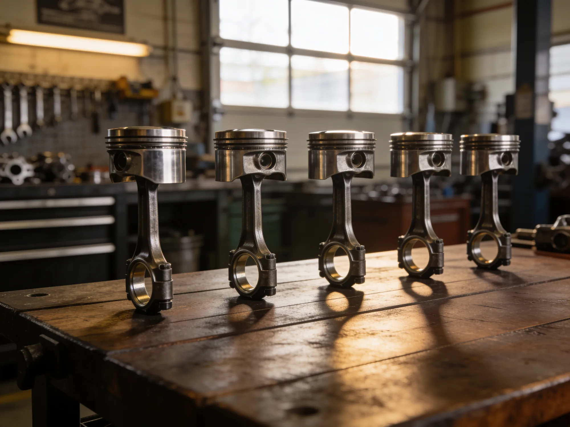 Forged automotive performance pistons and connecting rods on a workbench in a specialty parts shop
