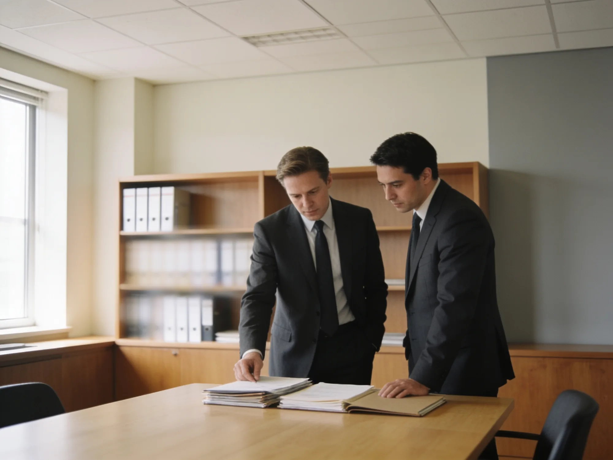 Two attorneys conferring over case files at a table in a warm, quiet law office