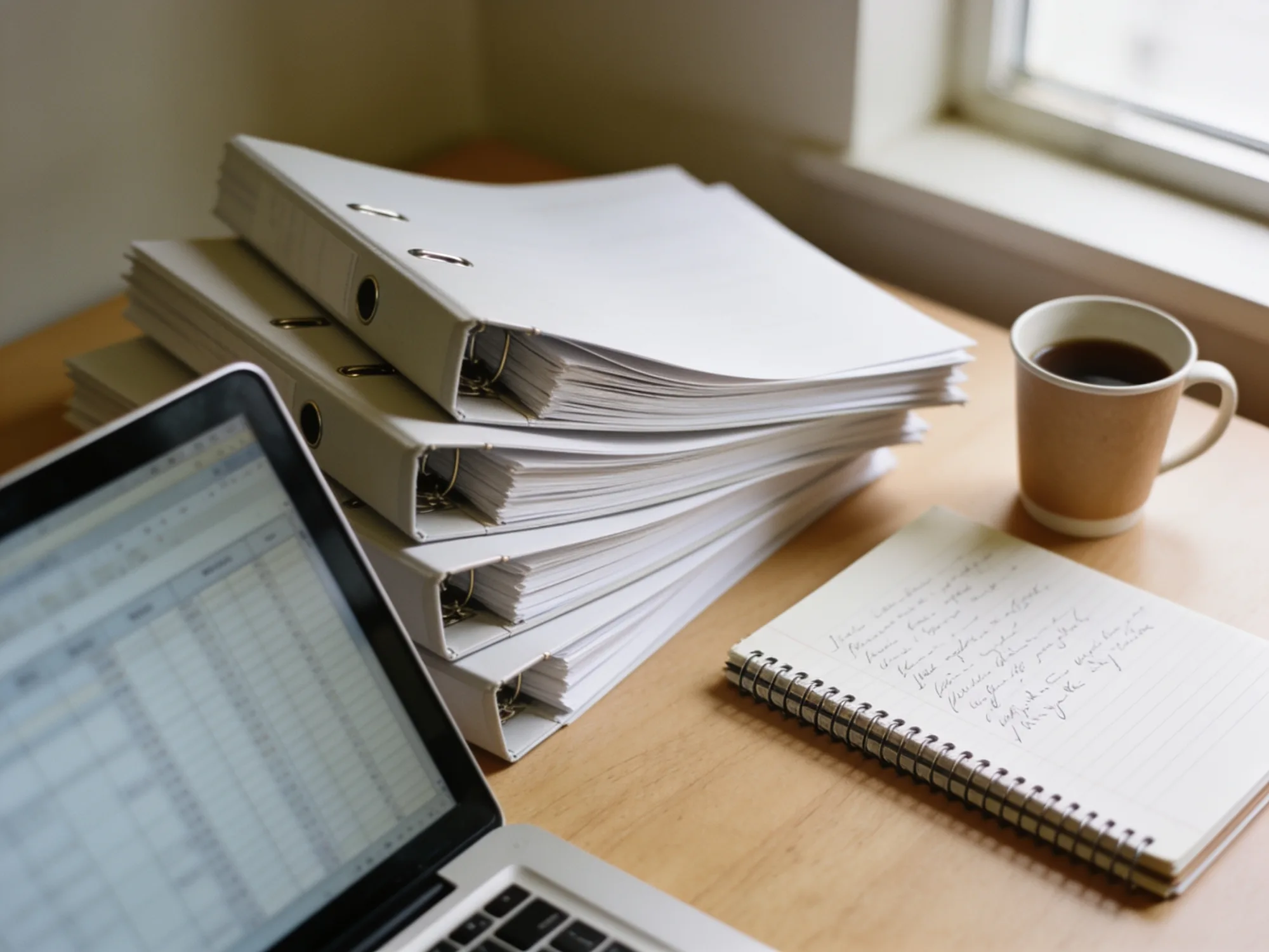 Stacked binders of carrier guidelines beside a laptop spreadsheet and a notebook of handwritten notes