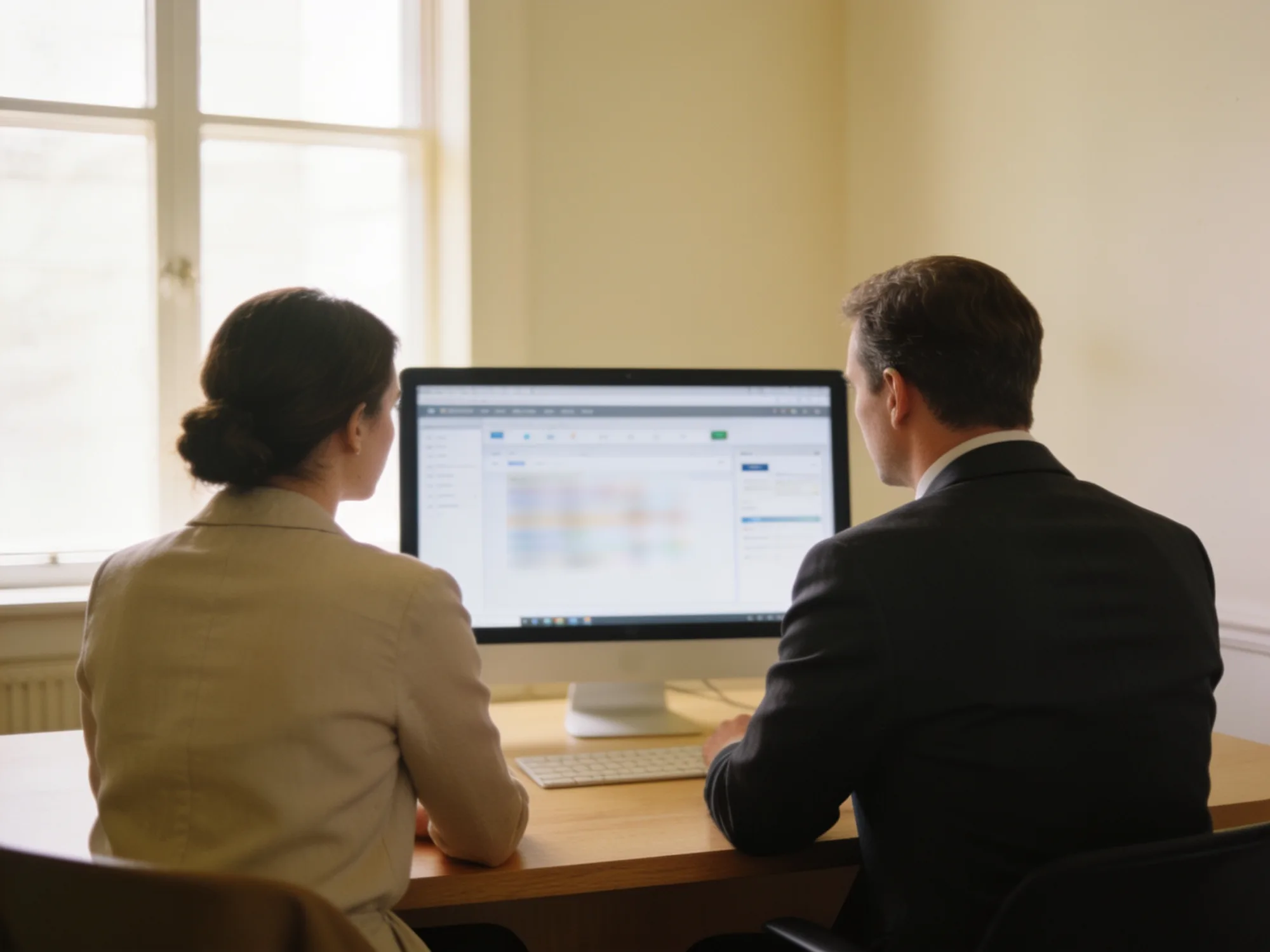 A paralegal and an attorney reviewing a billing dashboard together on one screen