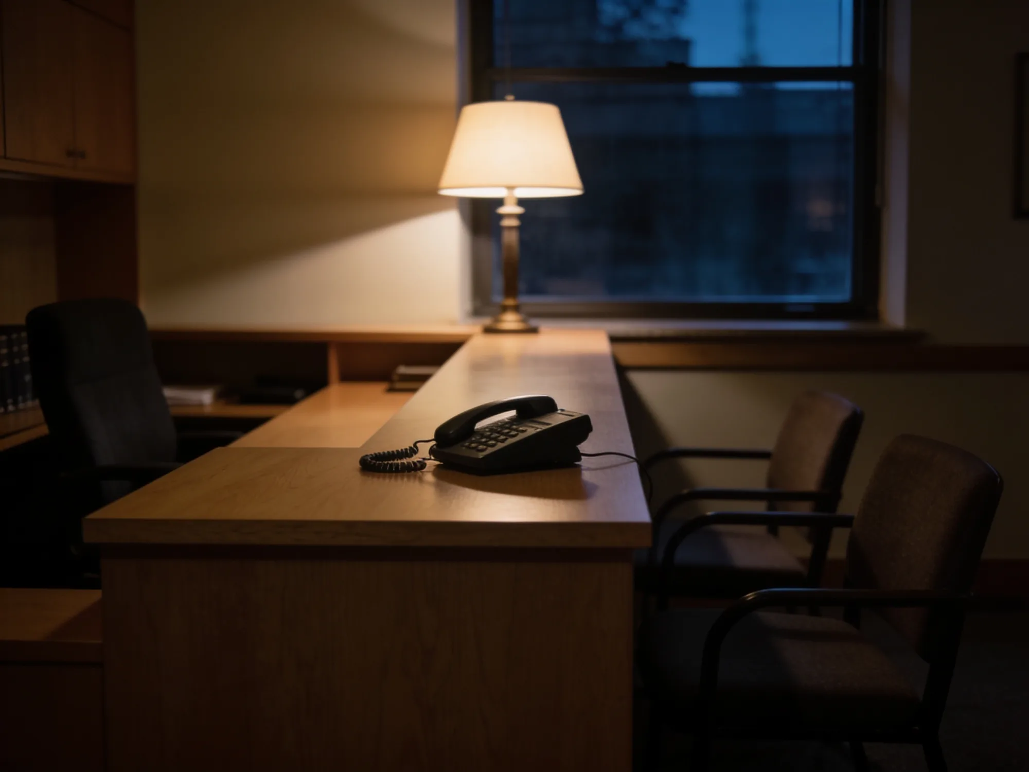 An unanswered phone on an empty law office reception desk after hours