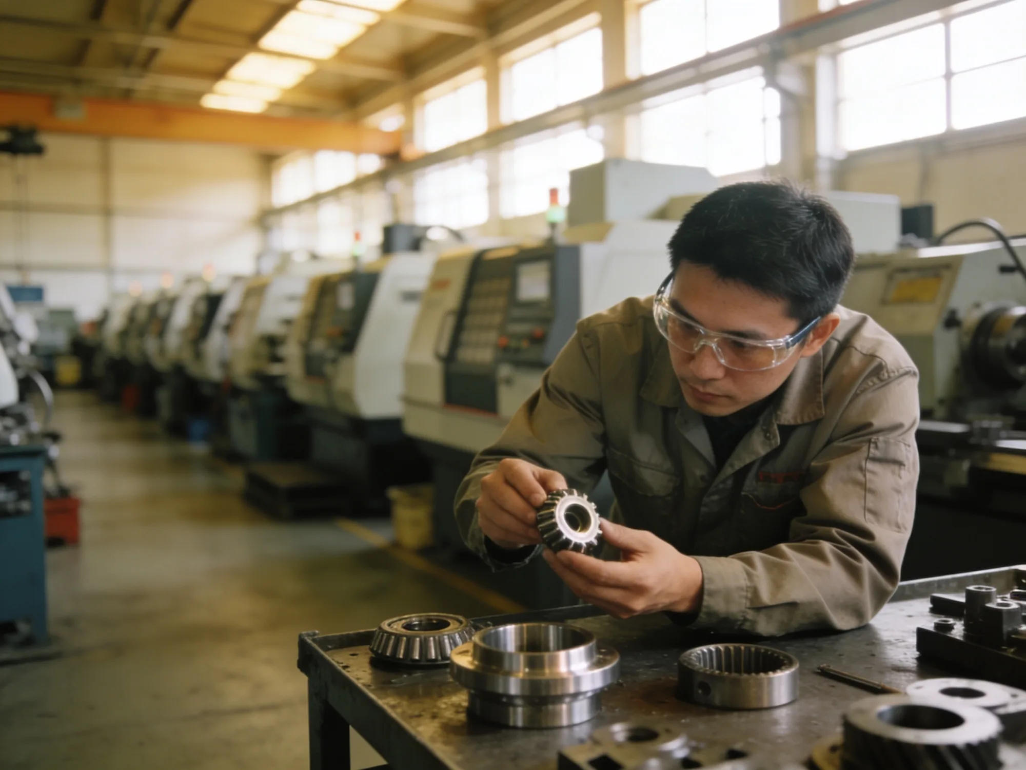 A machinist inspecting a precision metal part at a bench on the production floor