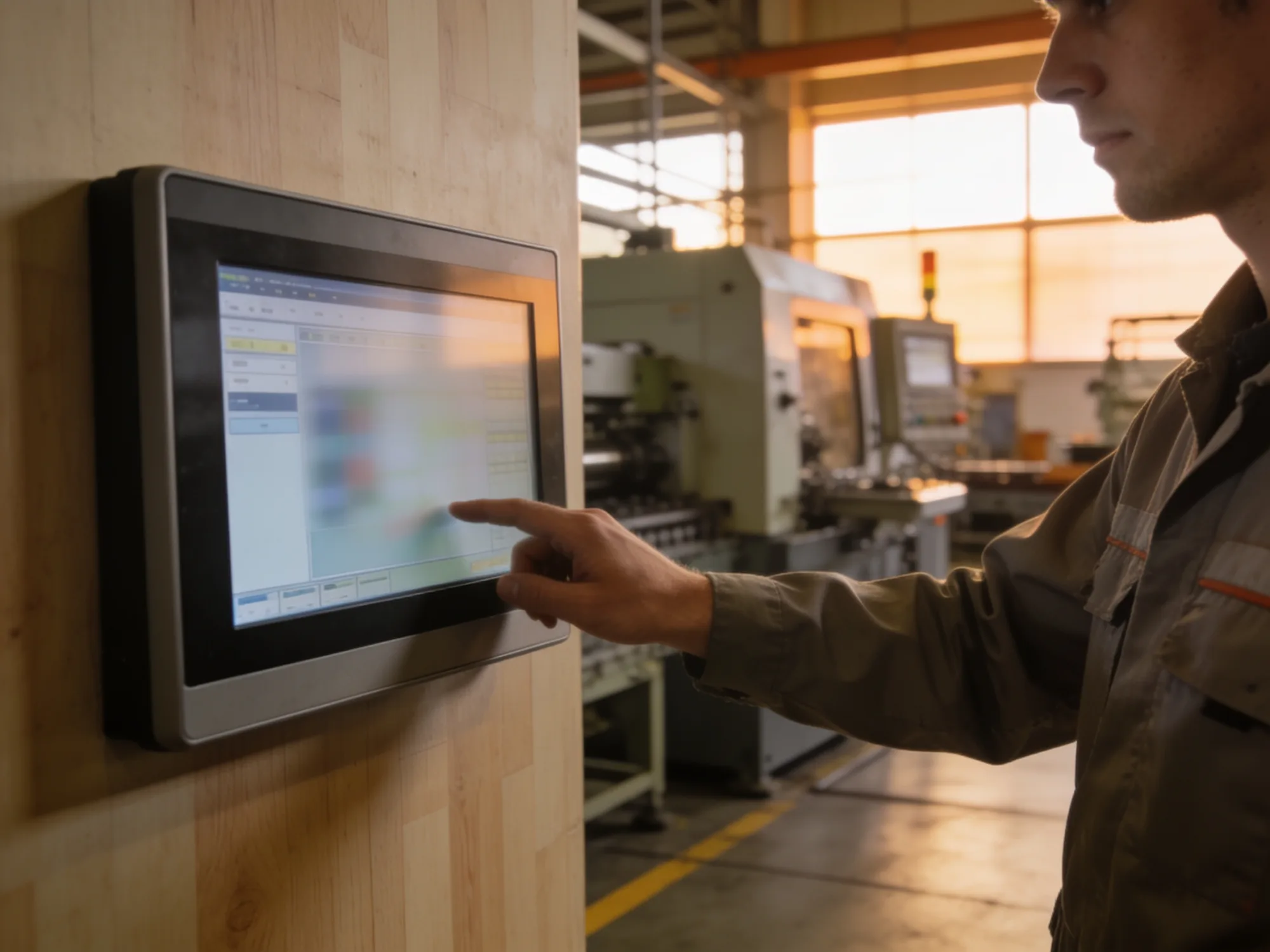 An operator using a shop floor touchscreen terminal to update a work order