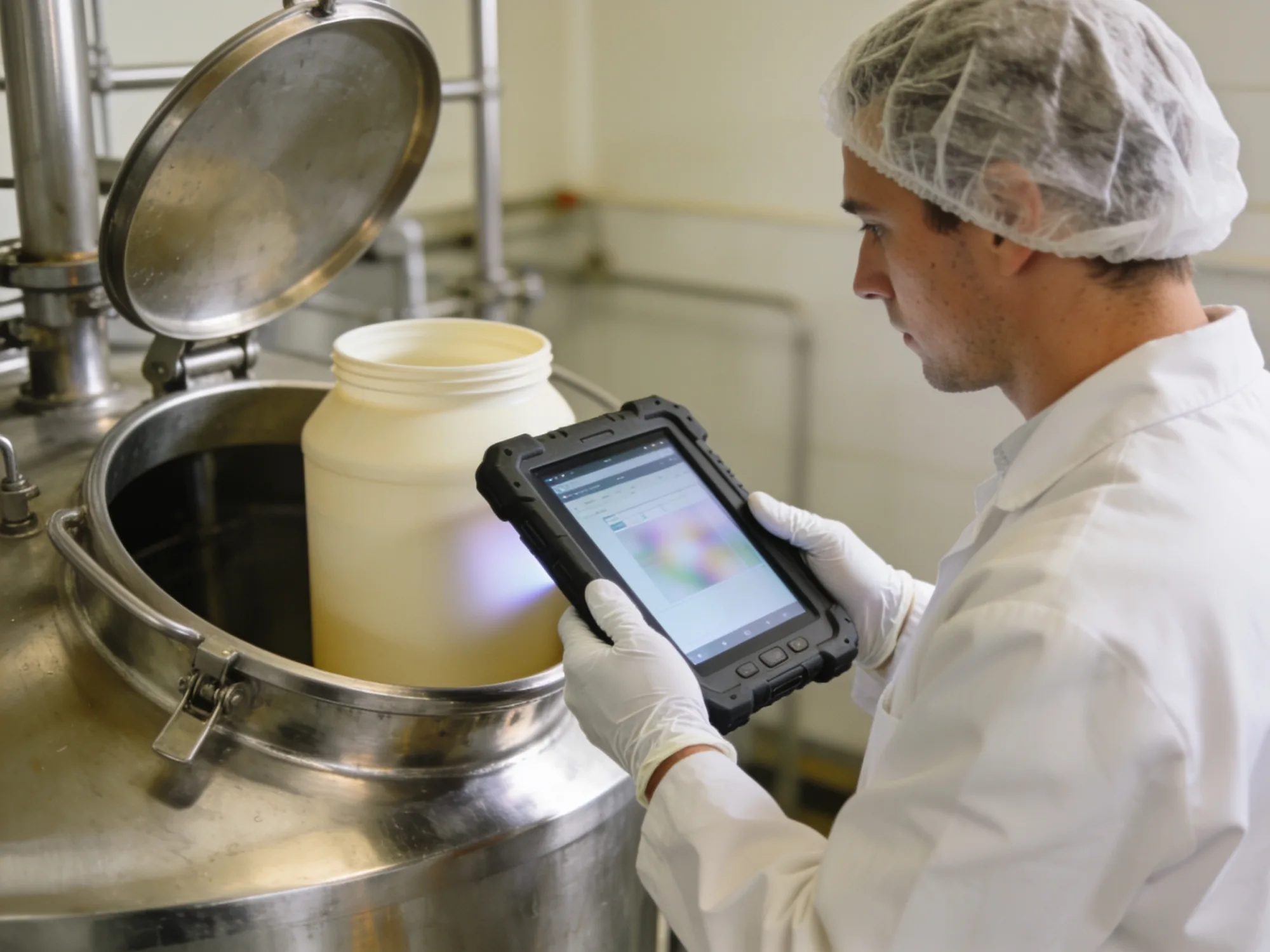 An operator scanning an ingredient lot into a ruggedized tablet at the blend station
