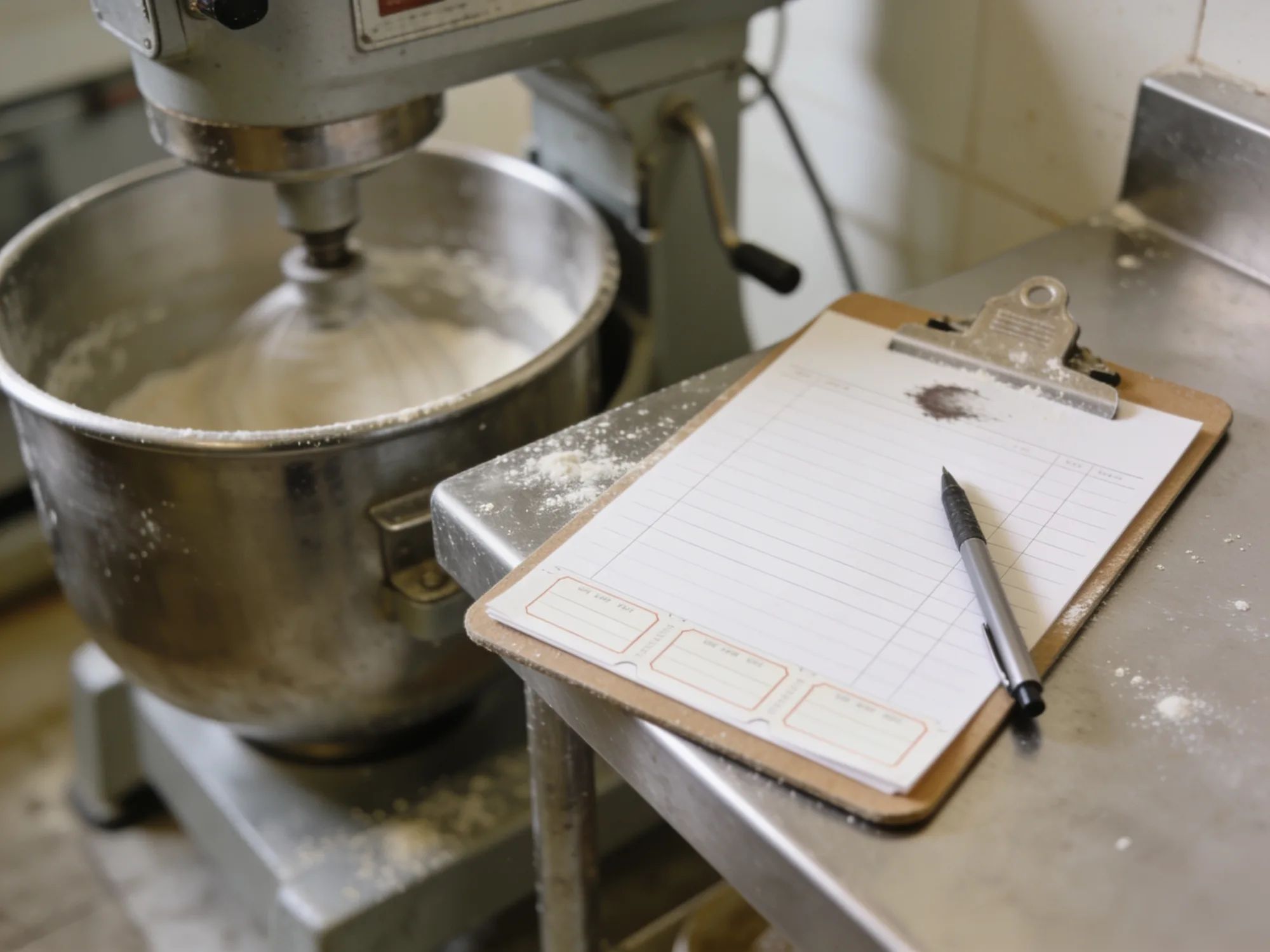 A clipboard of paper batch tickets resting on a stainless ledge beside a mixing kettle