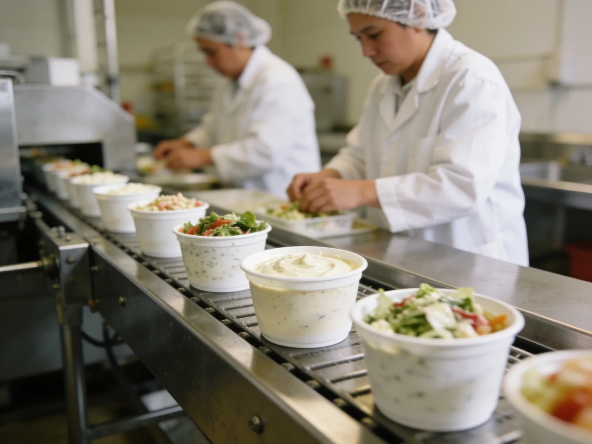 Unlabeled tubs of prepared foods moving along a stainless packing line