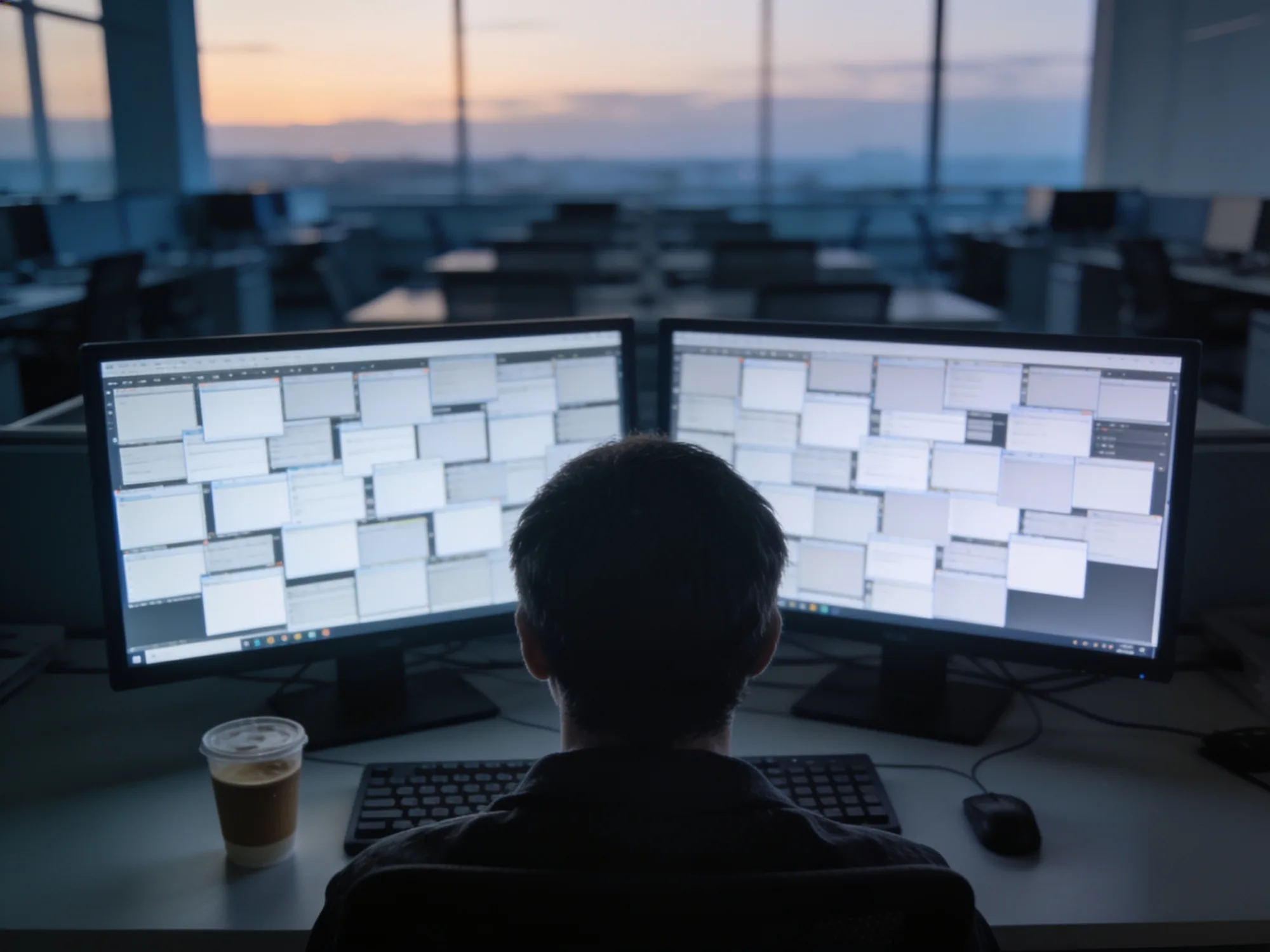 One person alone at dawn facing monitors filled with overlapping windows