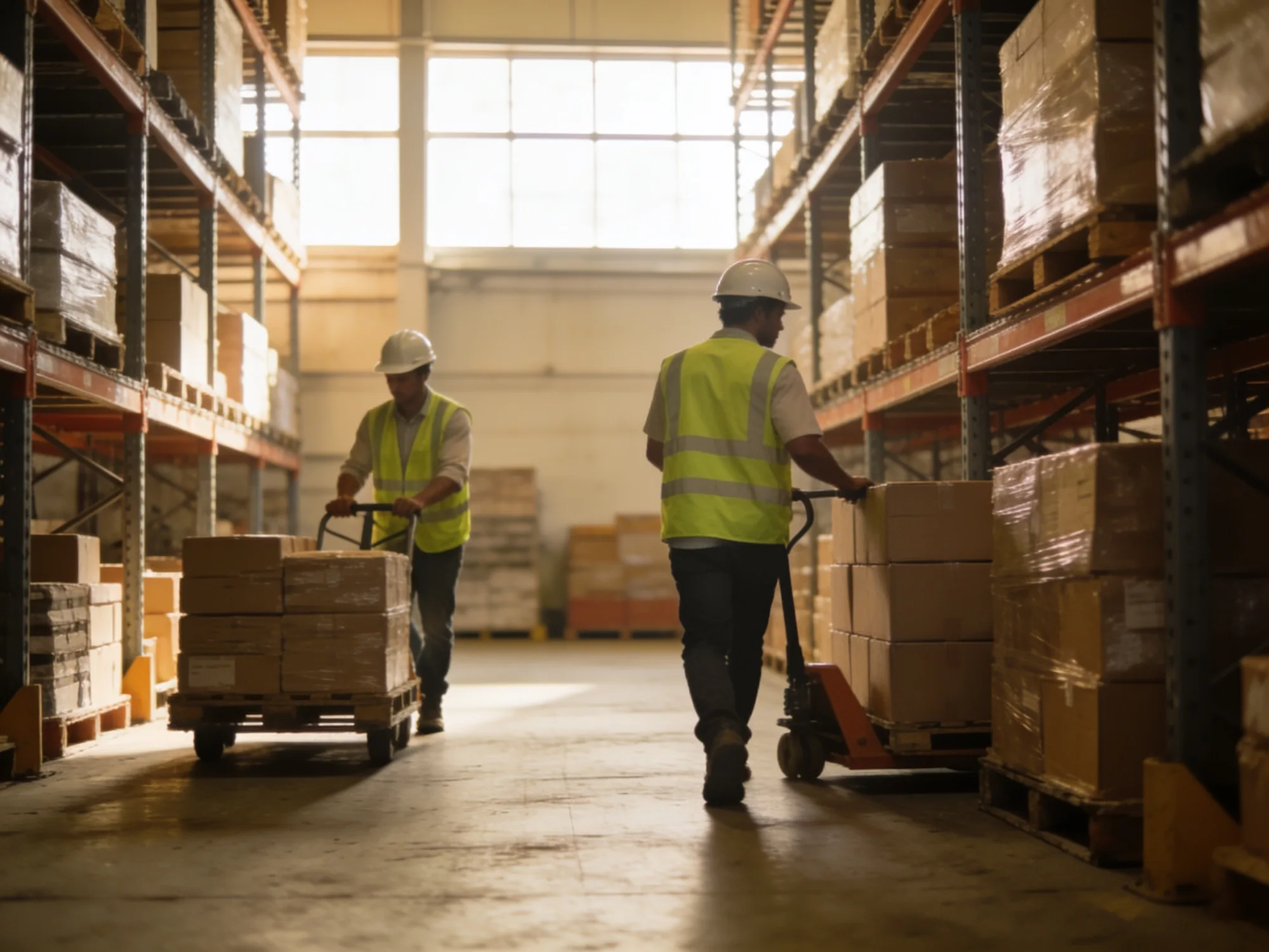 Two workers in hi-vis vests moving stock between pallet racking on a logistics floor