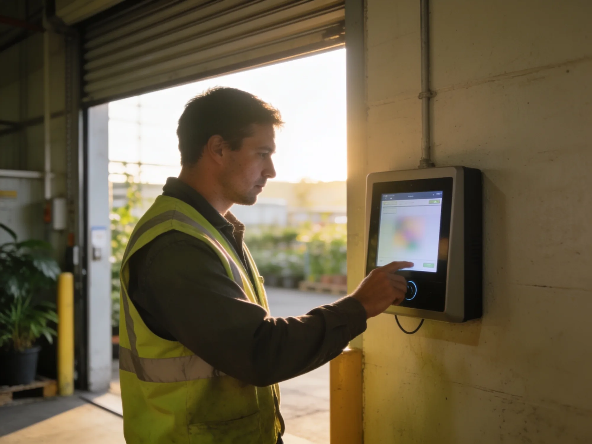 A worker clocking in at a wall-mounted touchscreen terminal near a plant entrance