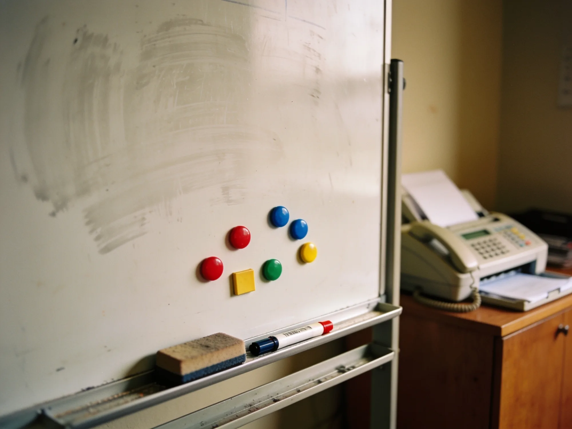 A half-wiped whiteboard with magnets left on it, an eraser on the tray and a fax machine nearby
