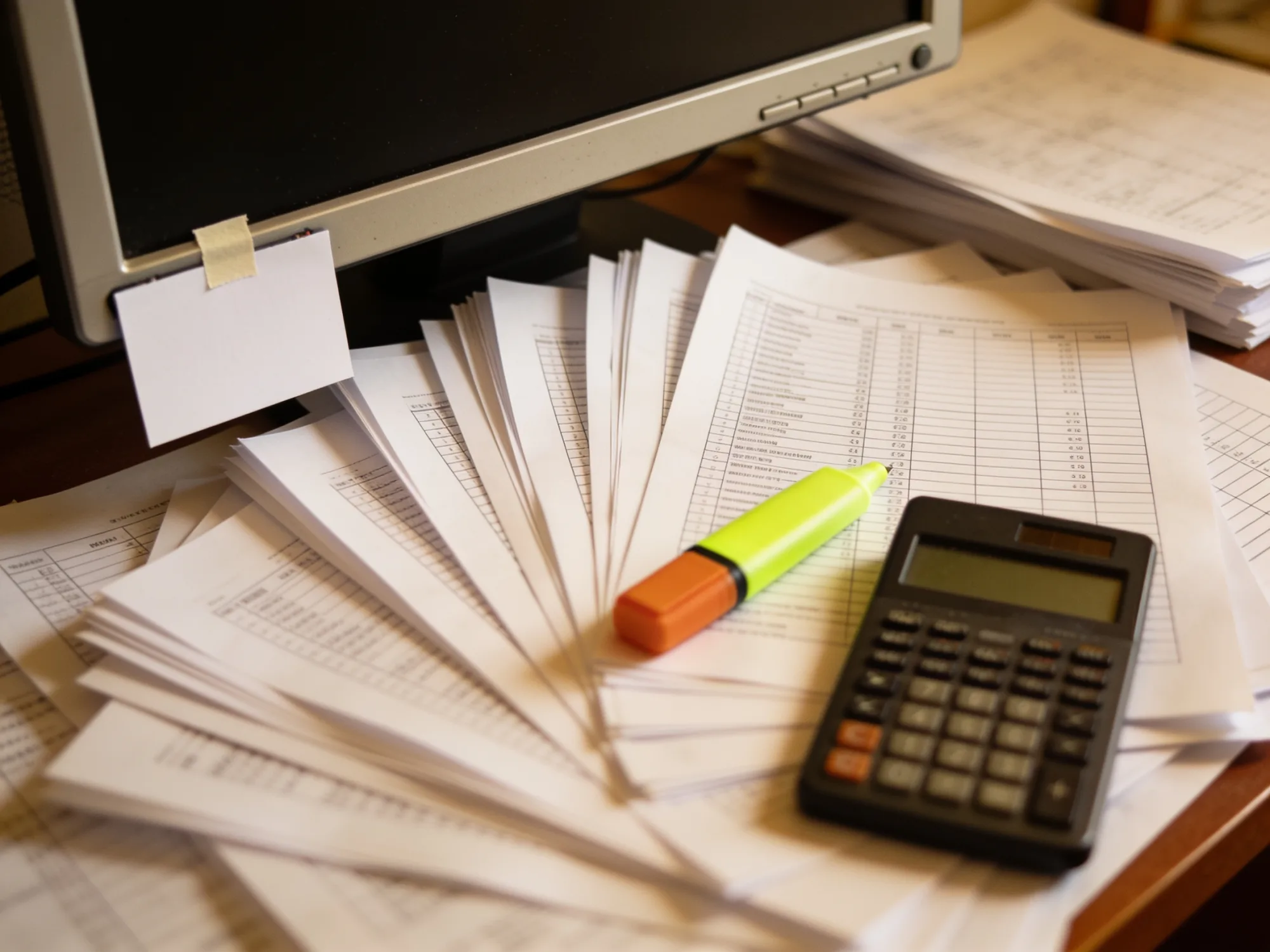 A controller's desk covered in printed reconciliation reports with an index card taped to the monitor