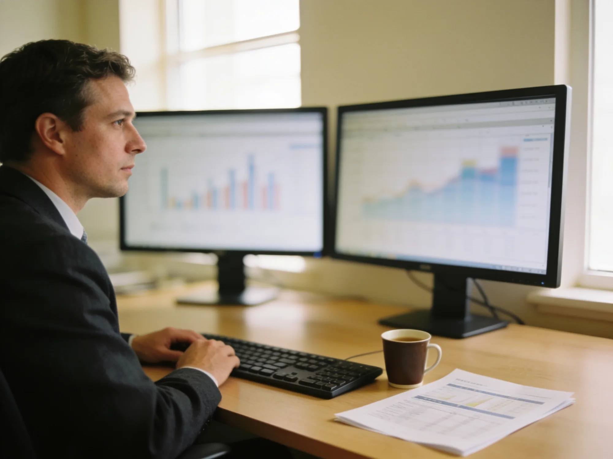 A financial controller at a two-monitor desk with a printed report beside the keyboard