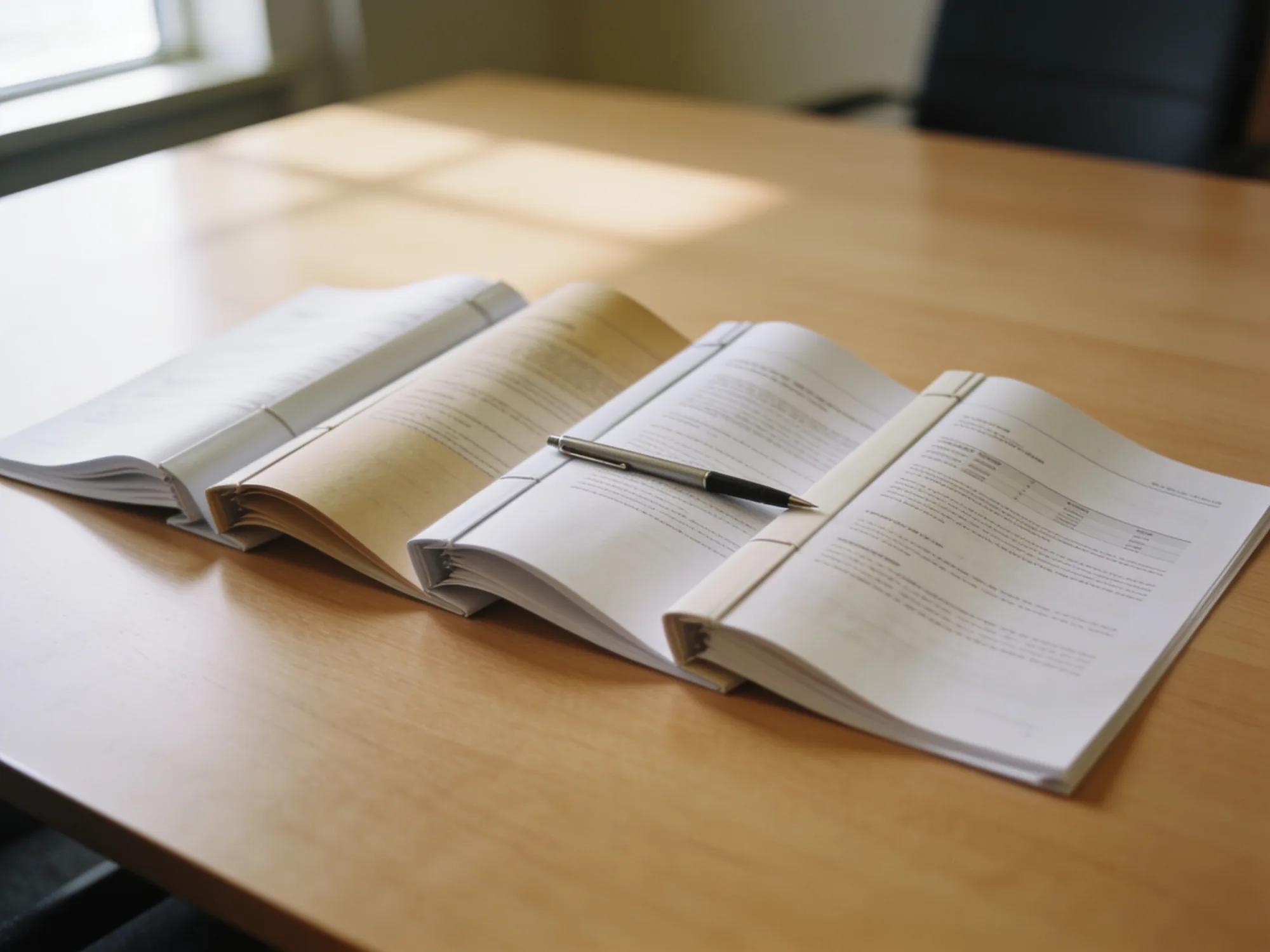 Four separate printed report bundles fanned across a boardroom table