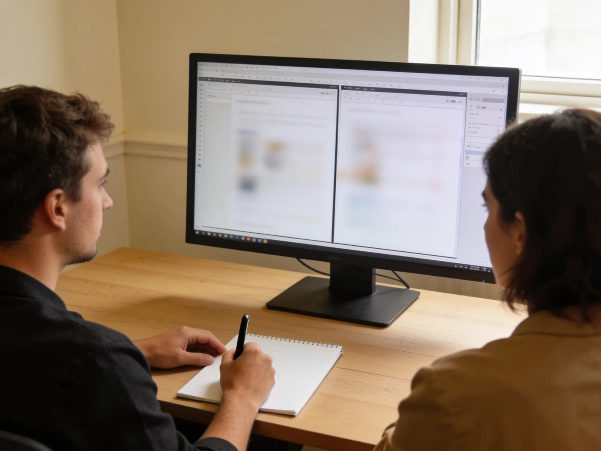 Two colleagues reviewing a split-pane document interface on one screen
