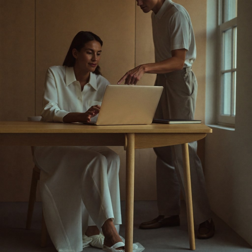 Two colleagues reviewing a laptop screen together during a Microsoft Technology Services engagement at Aedista