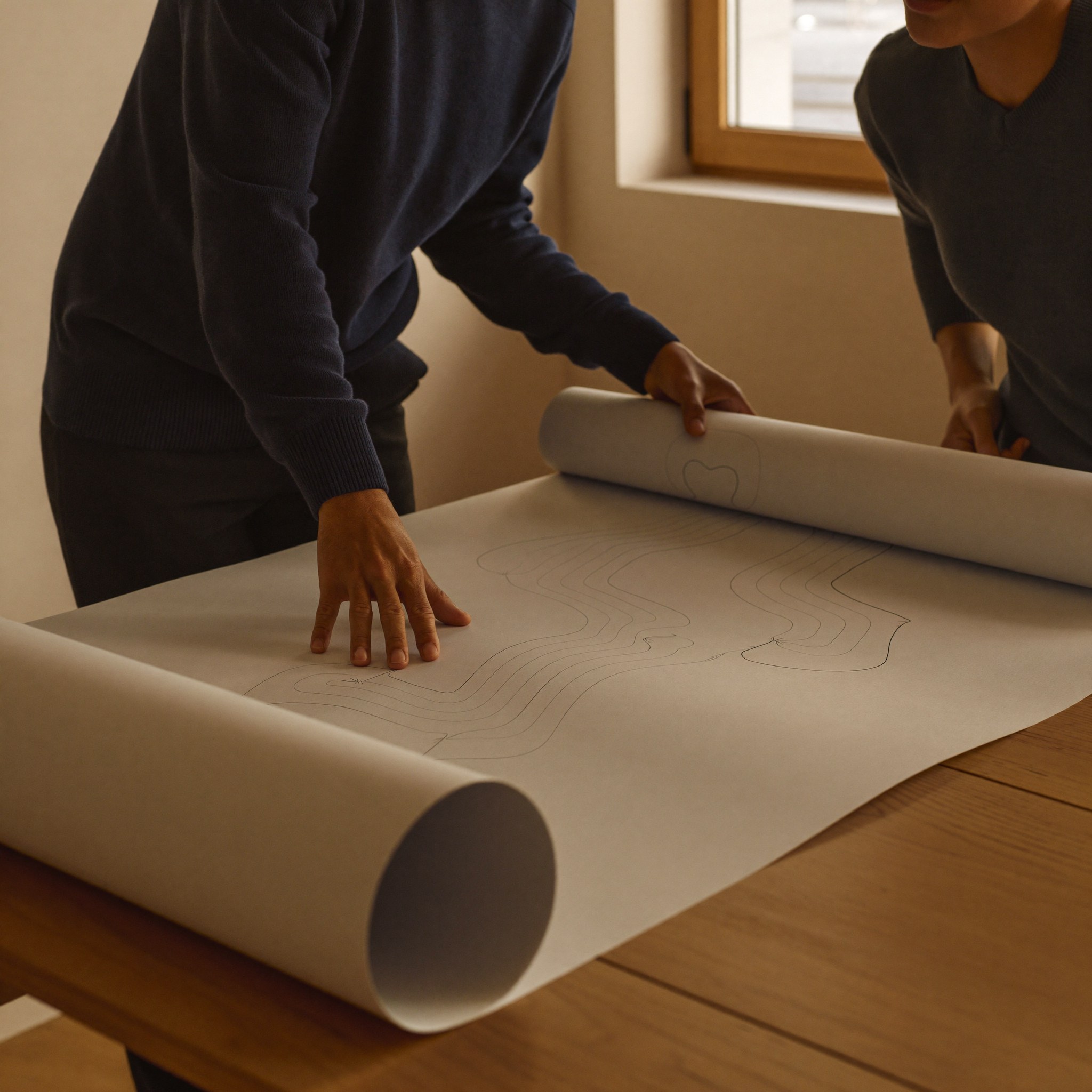Colleagues unrolling a large printed plan across a table during a GP to Business Central migration at Aedista