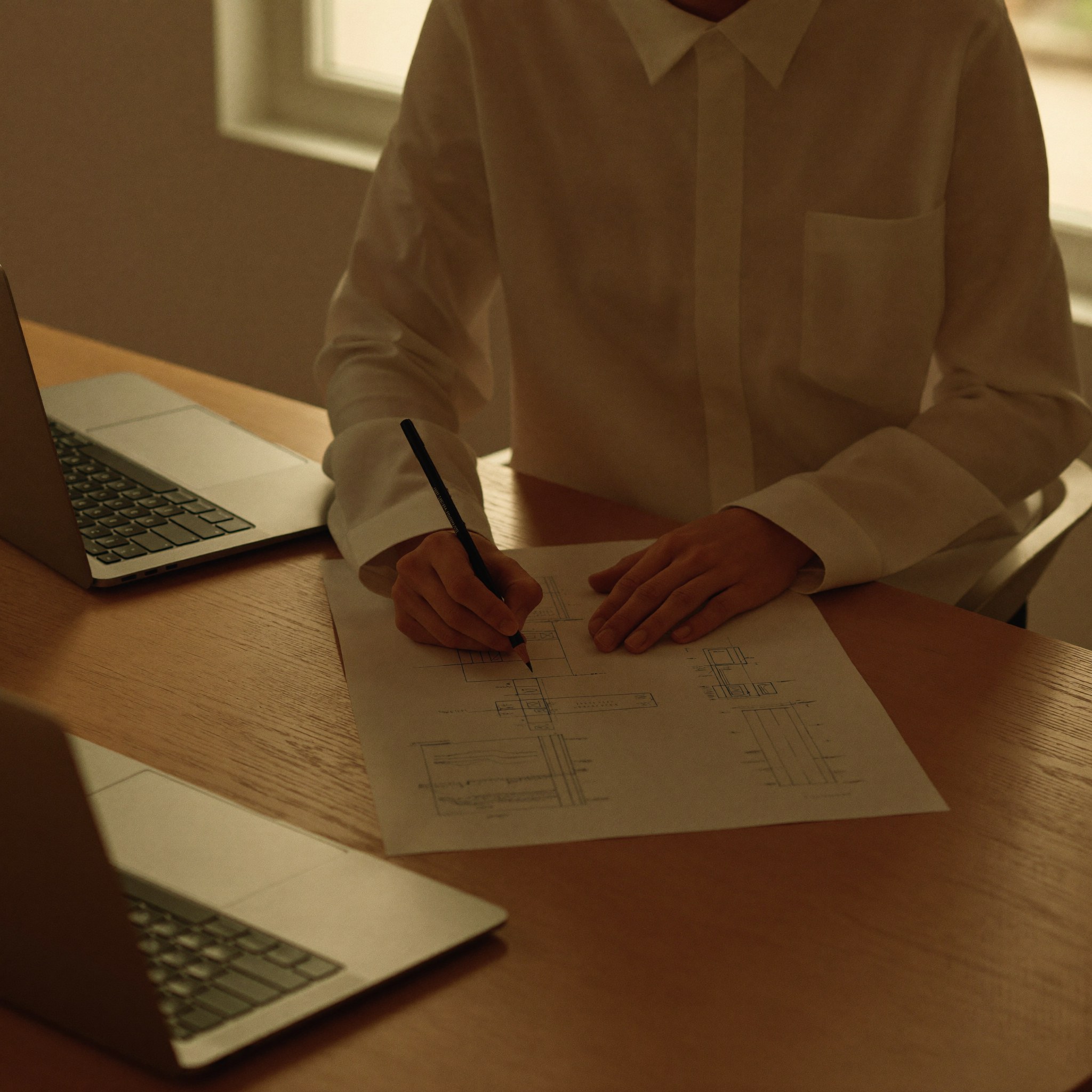 Engineer annotating a technical drawing beside an open laptop during a Custom Software Engineering engagement at Aedista