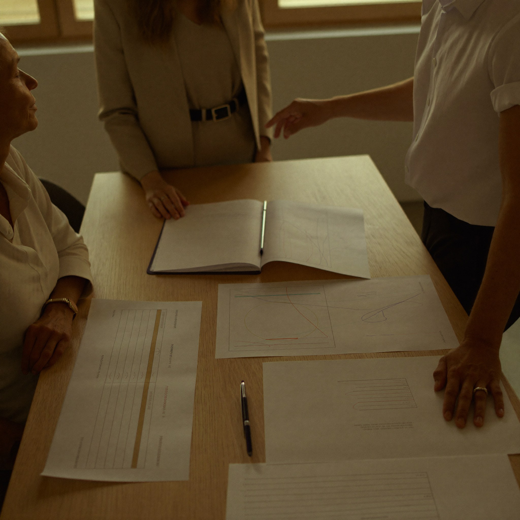 Colleagues passing a bound finance report across a table during a Dynamics 365 Finance & Operations engagement at Aedista