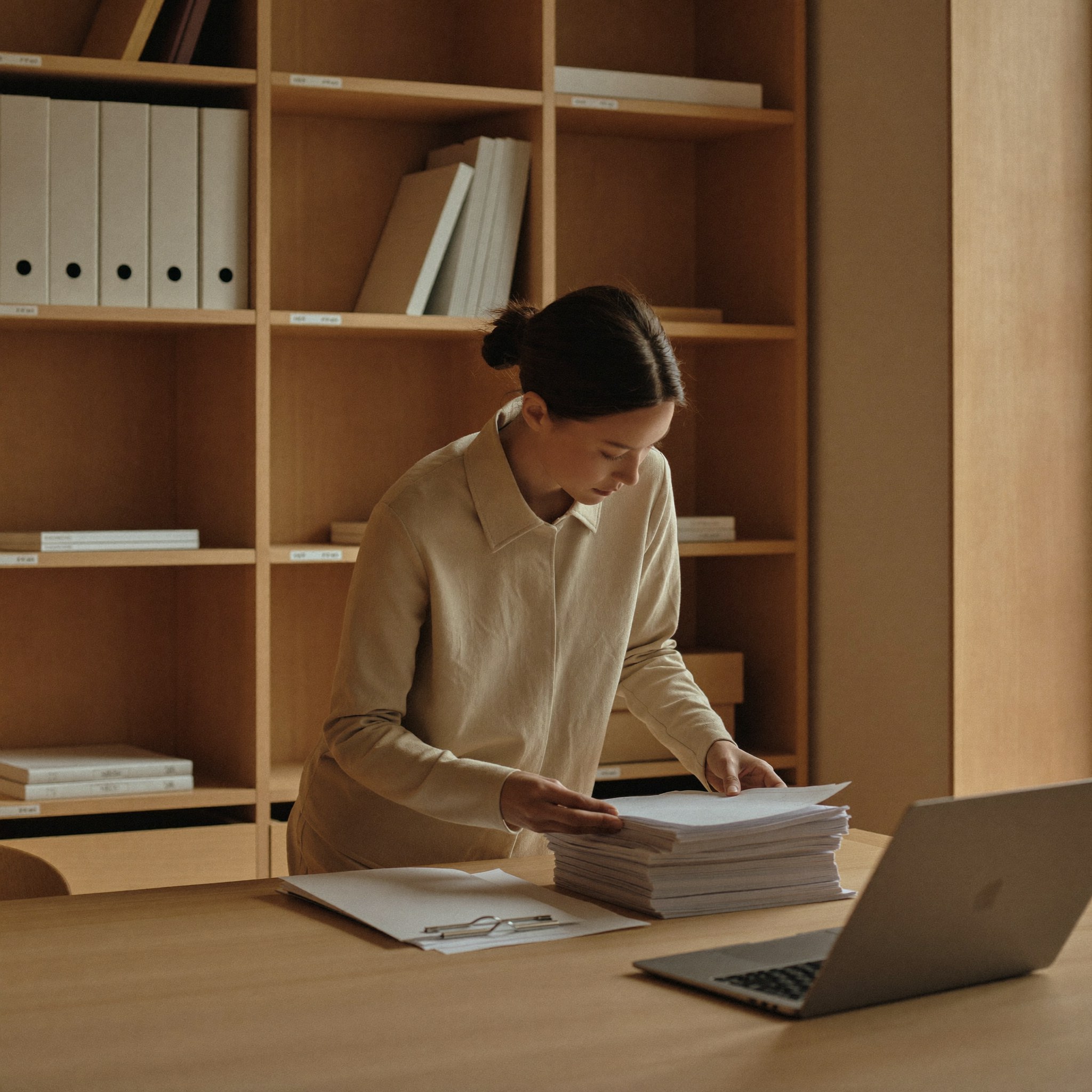 Engineer sorting stacked documents beside a laptop in front of filed archive binders during a Data Warehousing & Engineering engagement at Aedista