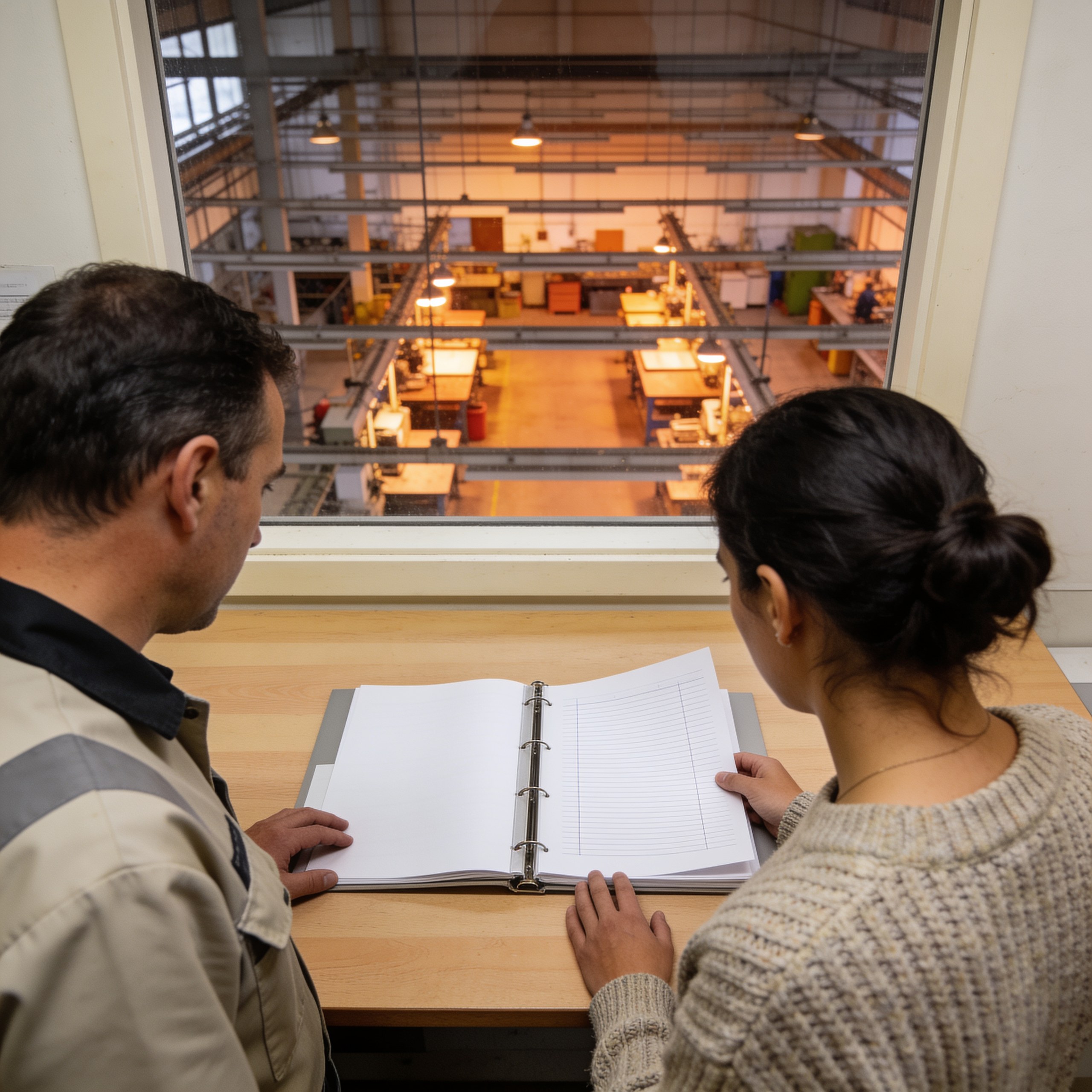 A supervisor and a colleague comparing a bound ledger in a factory office overlooking the shop floor