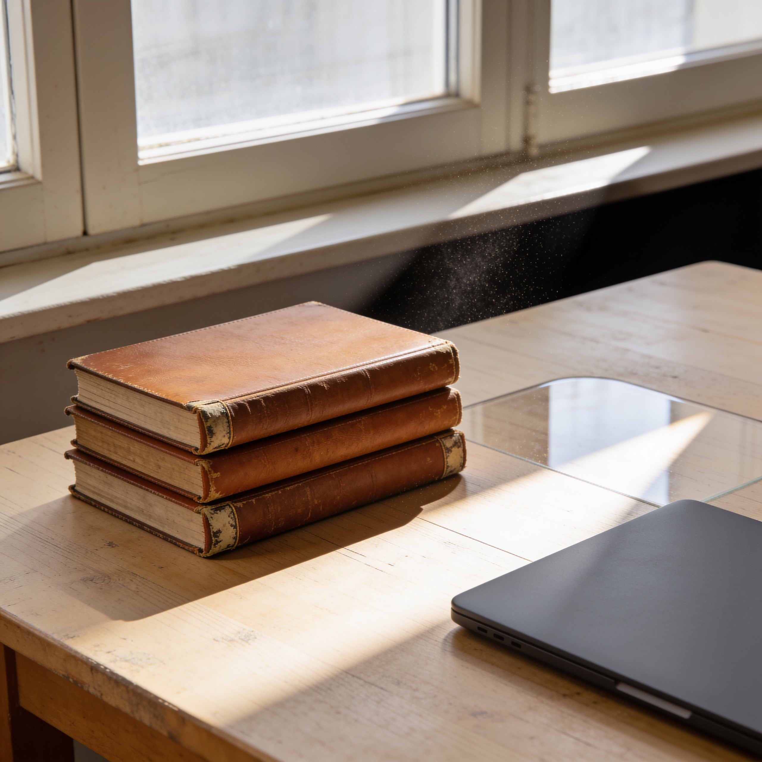 Three worn bound ledgers stacked beside a closed modern laptop in a shaft of daylight