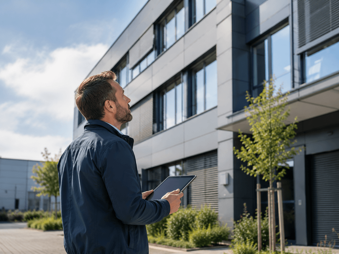 Berater vor Ort an einer Gewerbeimmobilie