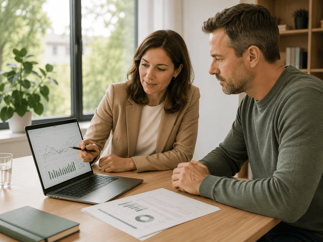 Beraterin und Kunde besprechen Energiedaten am Laptop