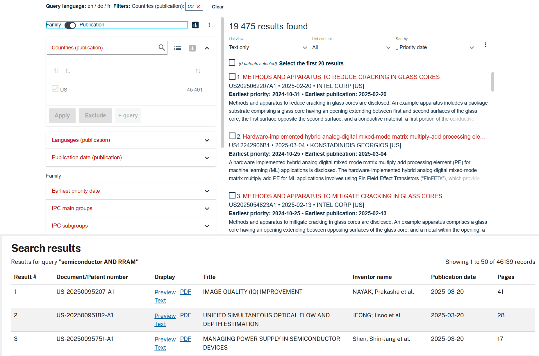 Screenshot of top three search results on Espacenet (USA jurisdiction only) followed by top three results for the same query on USPTO’s Patent Public Search reveal different outcomes after searching the same database of ~46k patent documents.