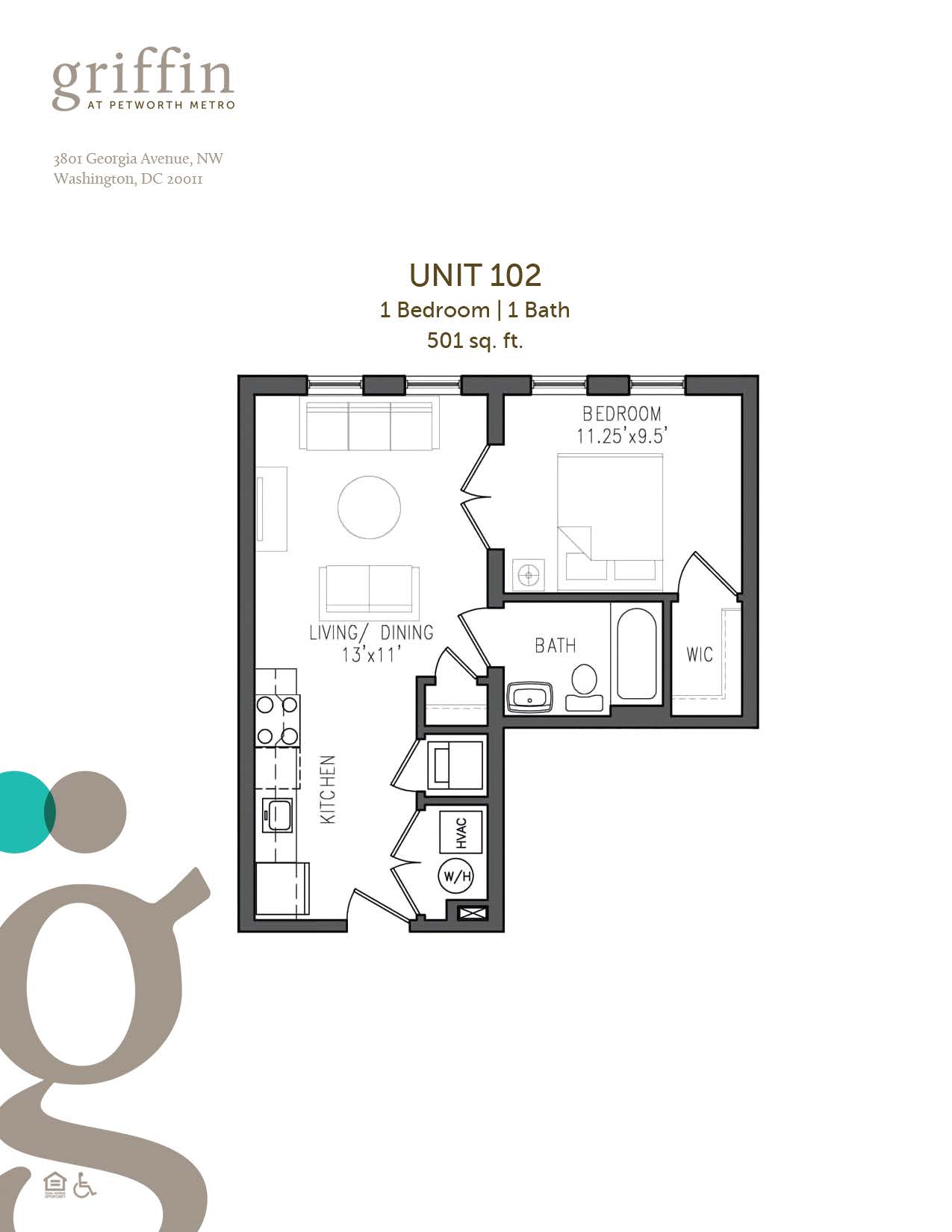 Floor plan 102, one bedroom, one bath, 501 square feet
