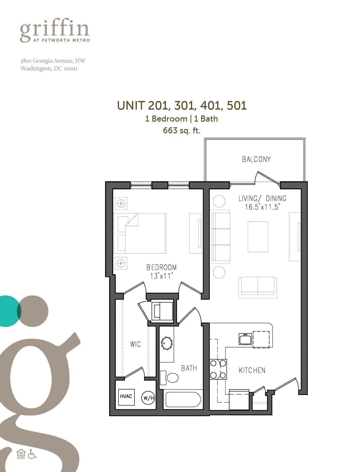 Floor plan 201 to 501, one bedroom, one bath, 663 square feet