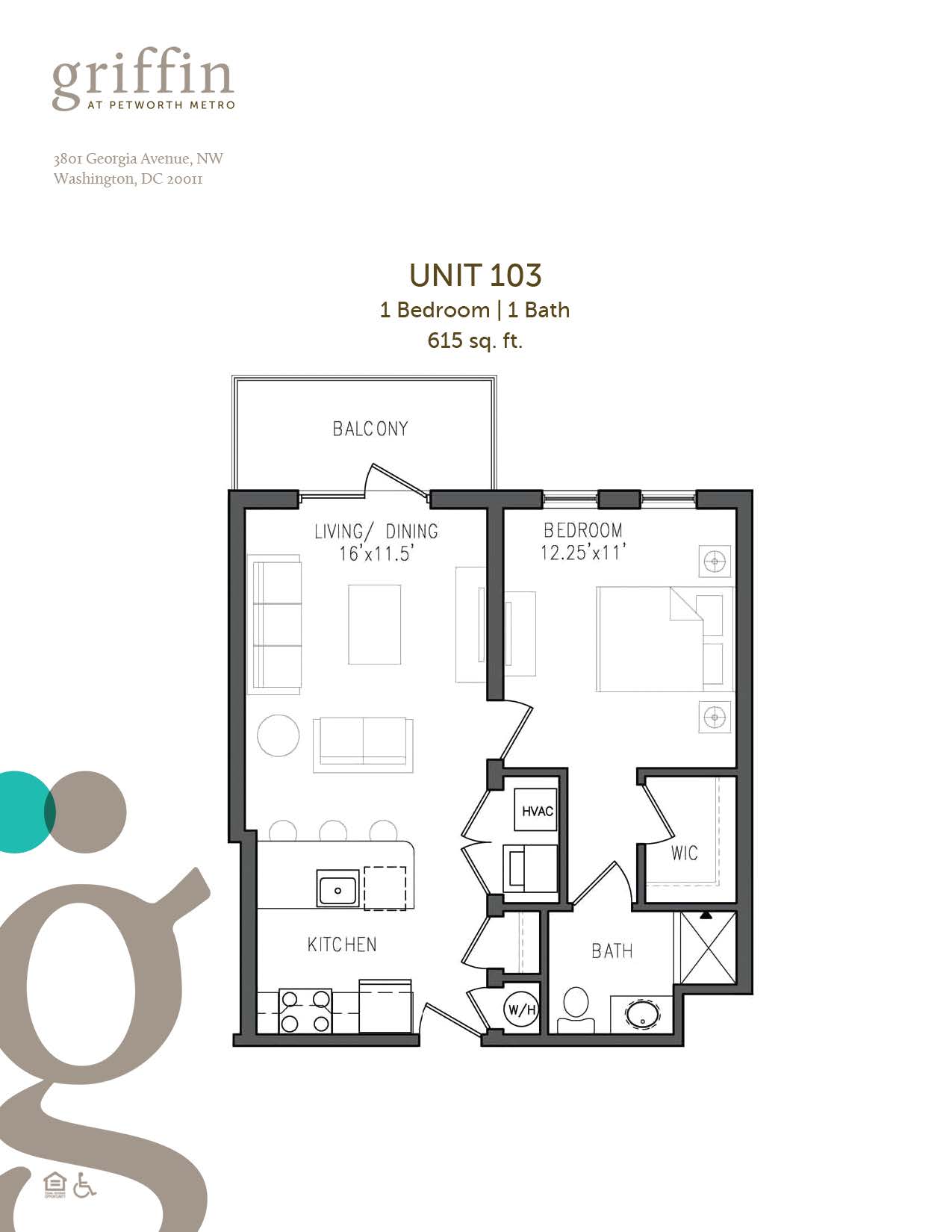Floor plan 103, one bedroom, one bath, 615 square feet