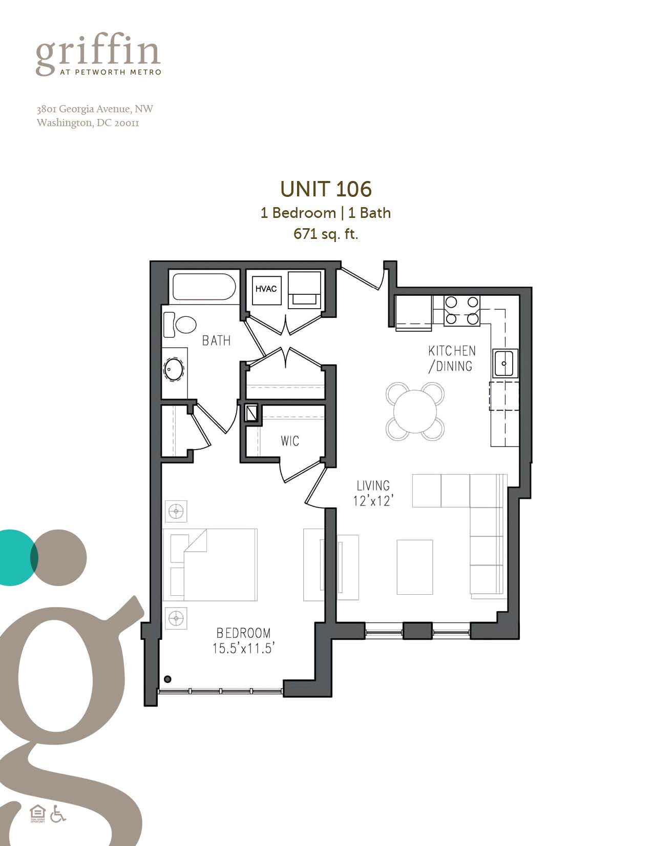 Floor plan 106, one bedroom, one bath, 671 square feet