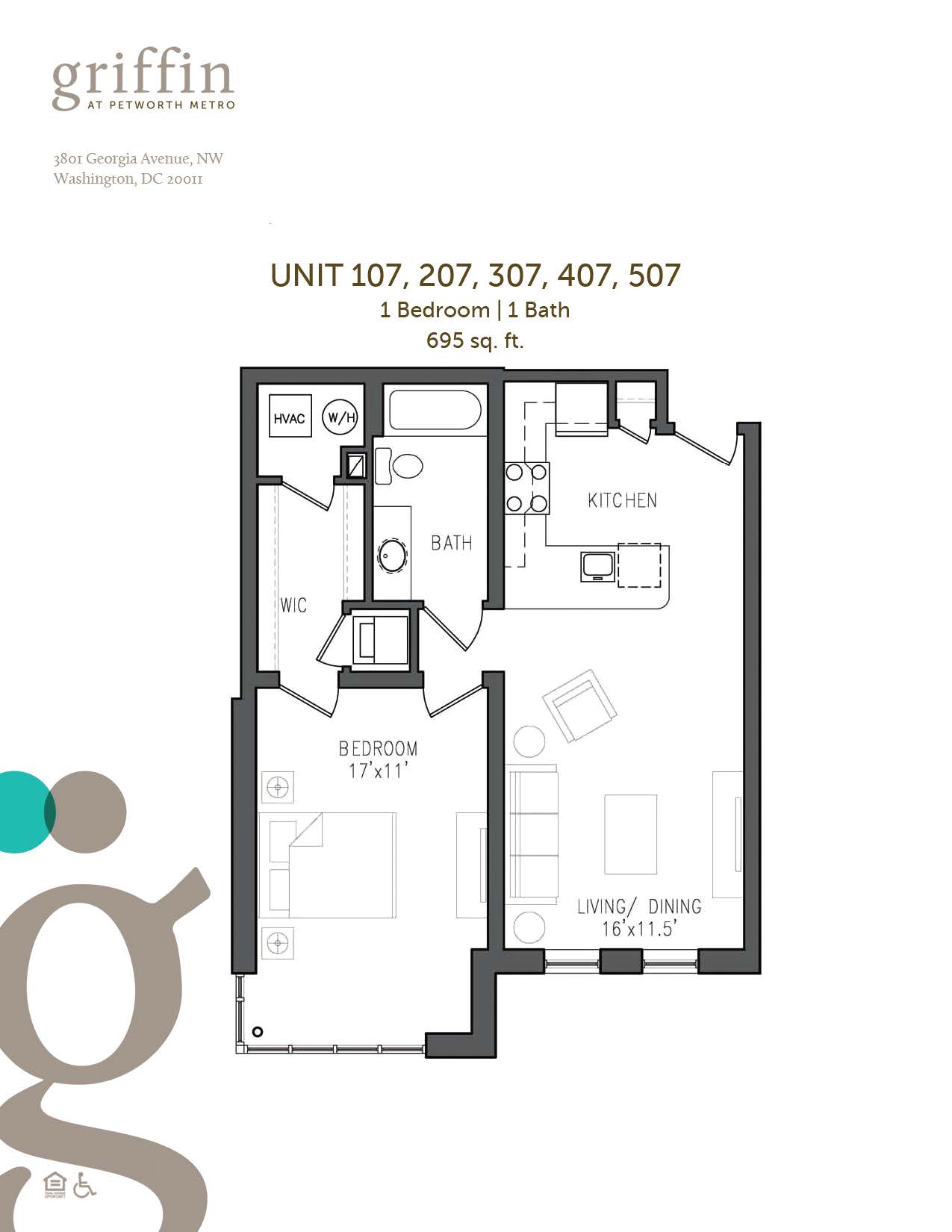 Floor plan 107 to 507, one bedroom, one bath, 695 square feet