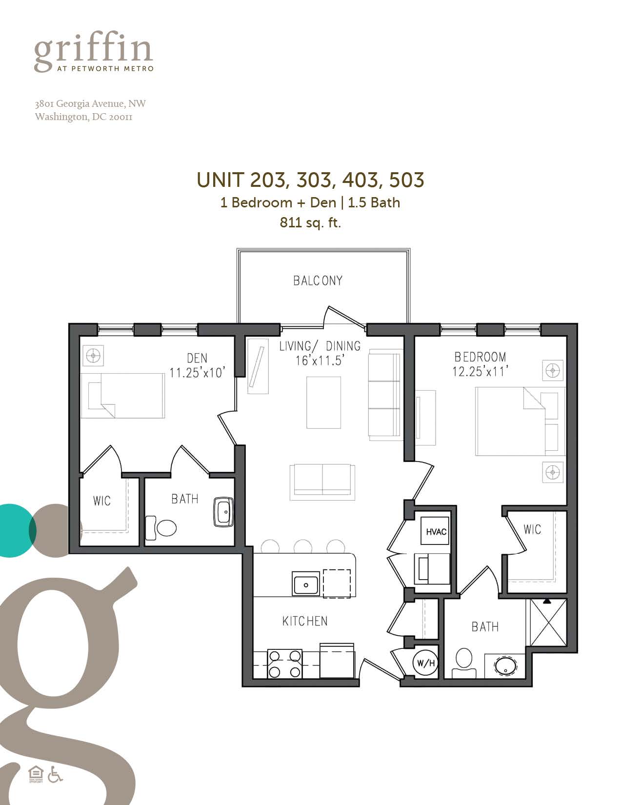 Floor plan 203 to 503, one bedroom plus den, one and a half baths, 811 square feet