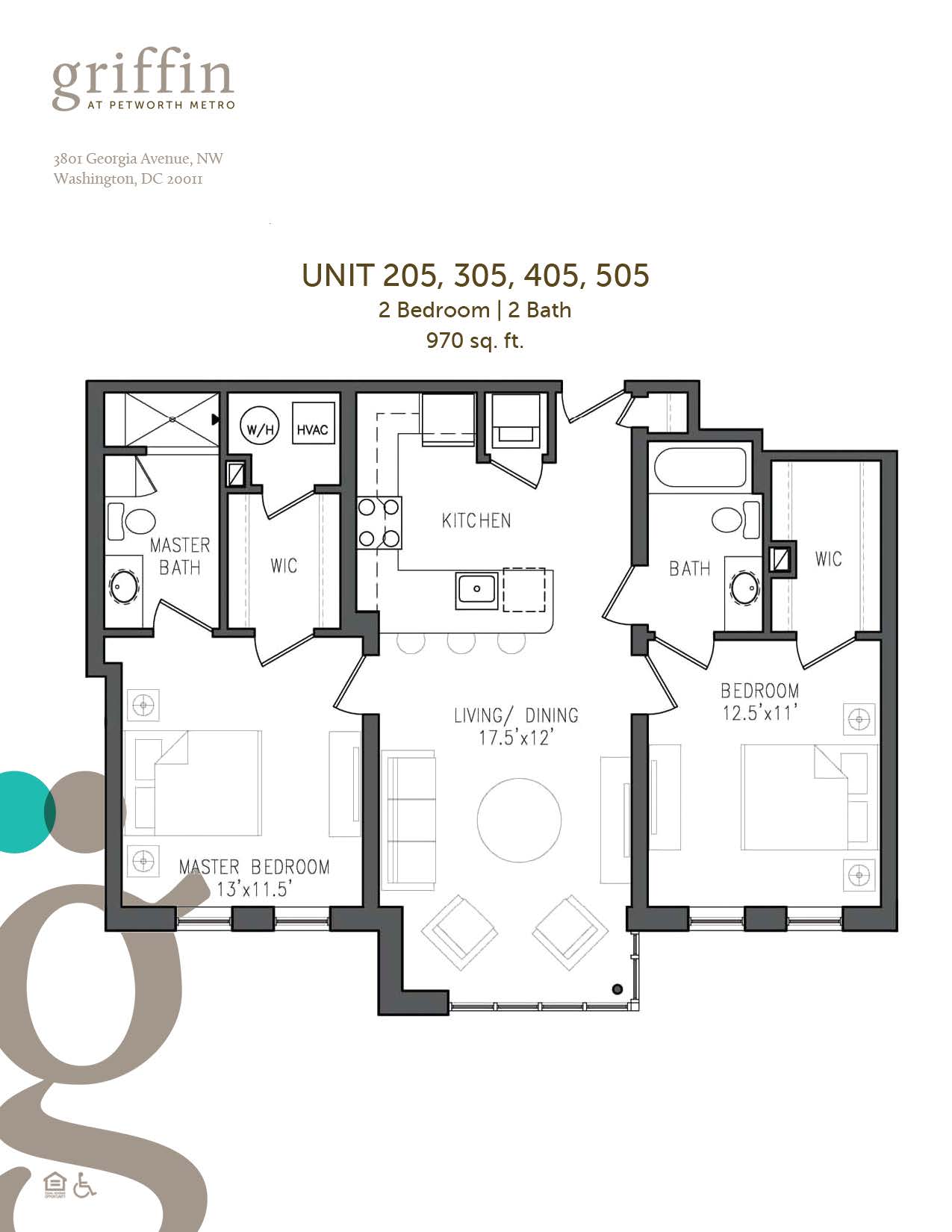 Floor plan 205 to 505, two bedroom, two bath, 970 square feet