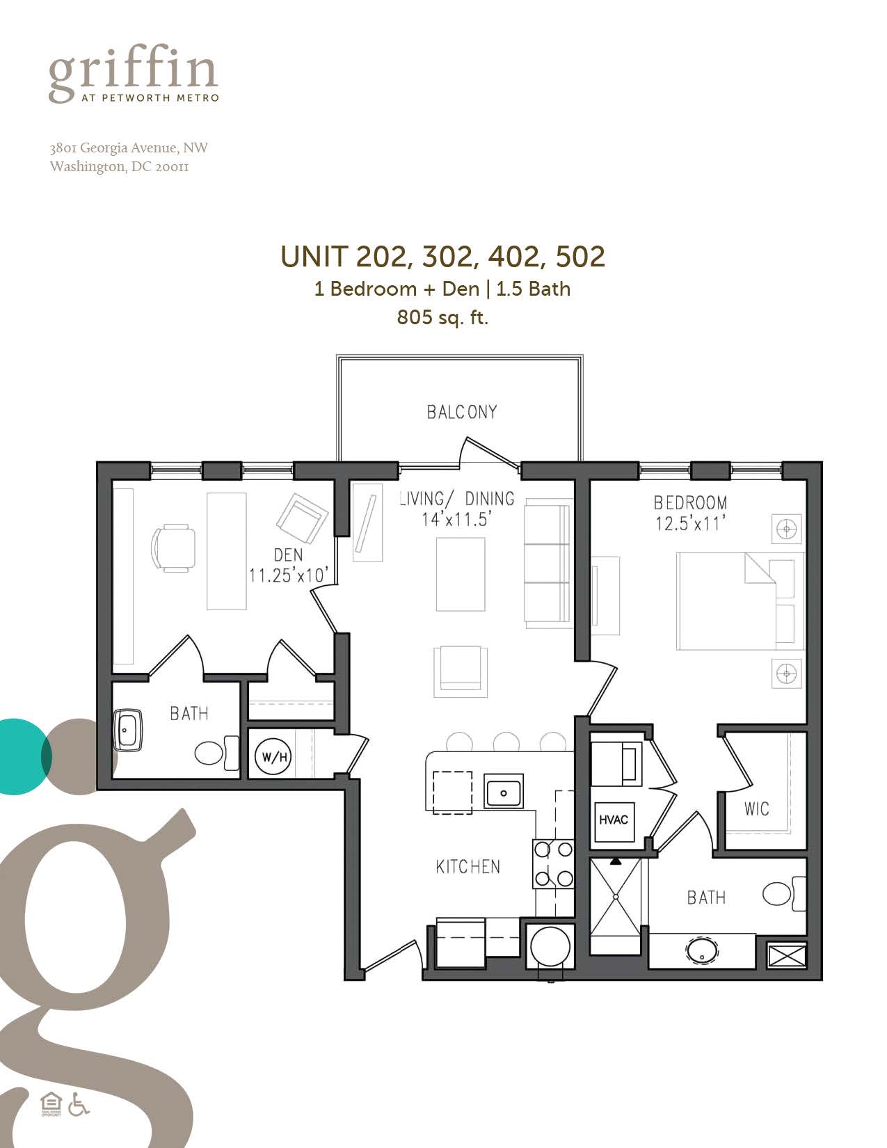 Floor plan 202 to 502, one bedroom plus den, one and a half baths, 805 square feet