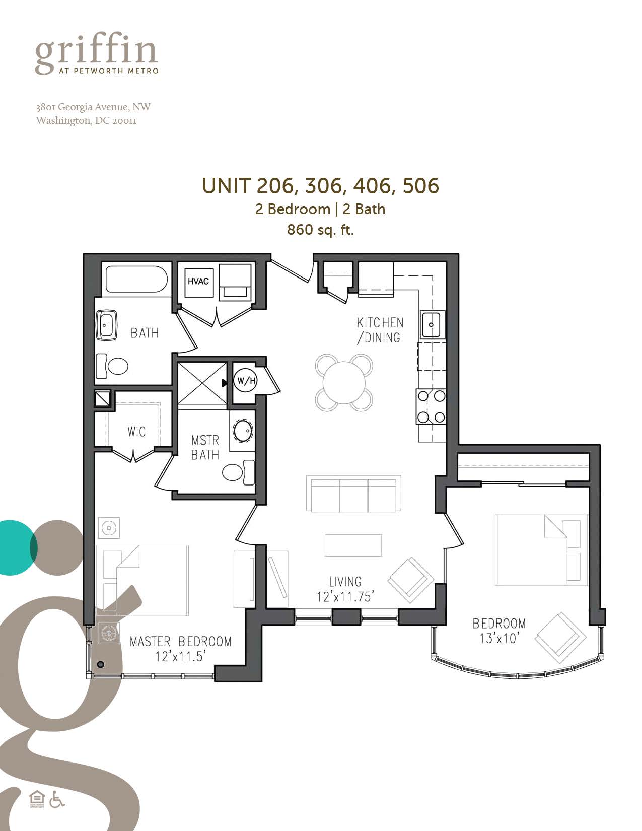 Floor plan 206 to 506, two bedroom, two bath, 860 square feet